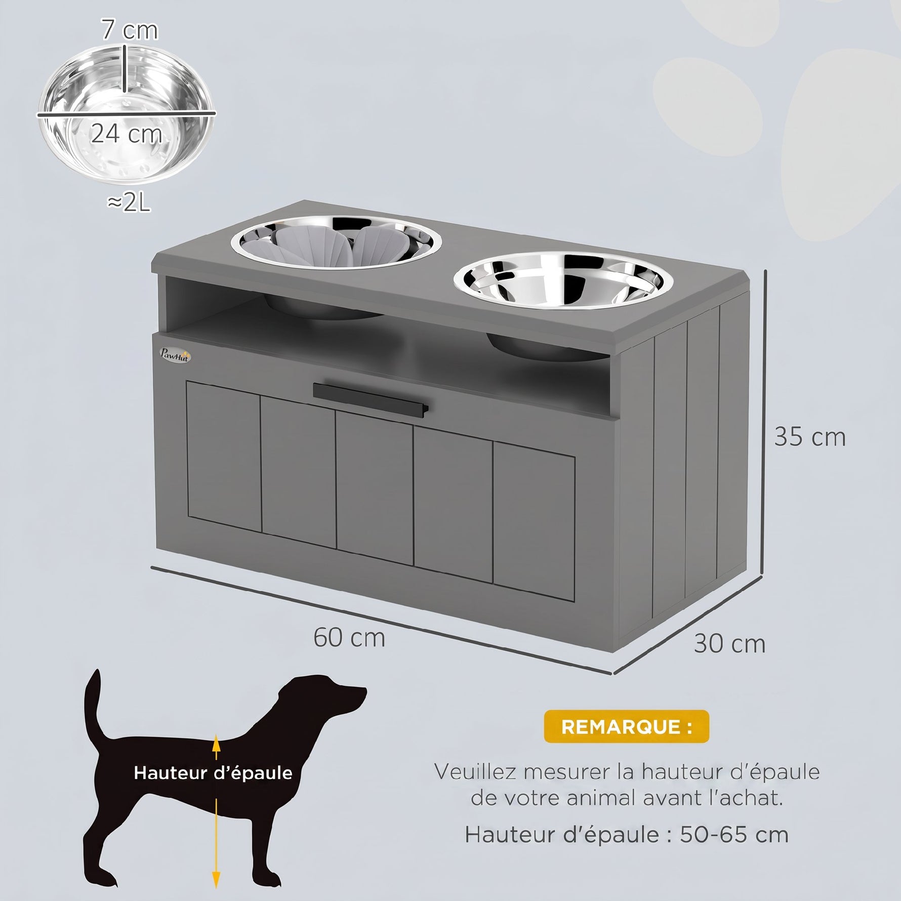Gamelle Chien Surélevée avec Bols Anti-Glouton & Eau en Acier Inoxydable, Tiroir de Rangement, 60x30x35cm, Gris