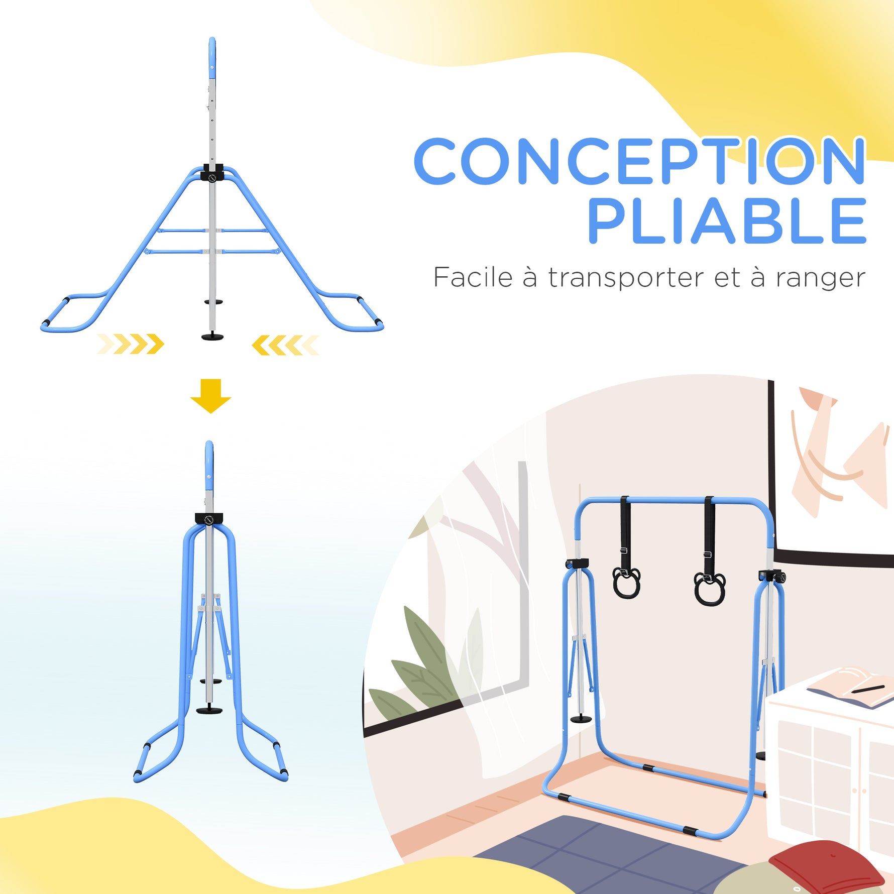 Barre de gymnastique pour enfants, barre horizontale pliable à hauteur réglable avec anneaux de gymnastique, bleu