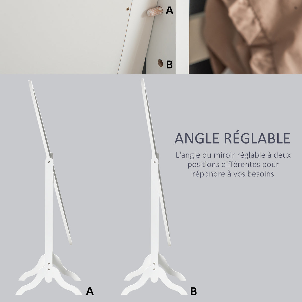 Miroir à Pied Ovale Style Shabby Chic Inclinaison réglable dim. 48L x 46l x 147H cm MDF Blanc
