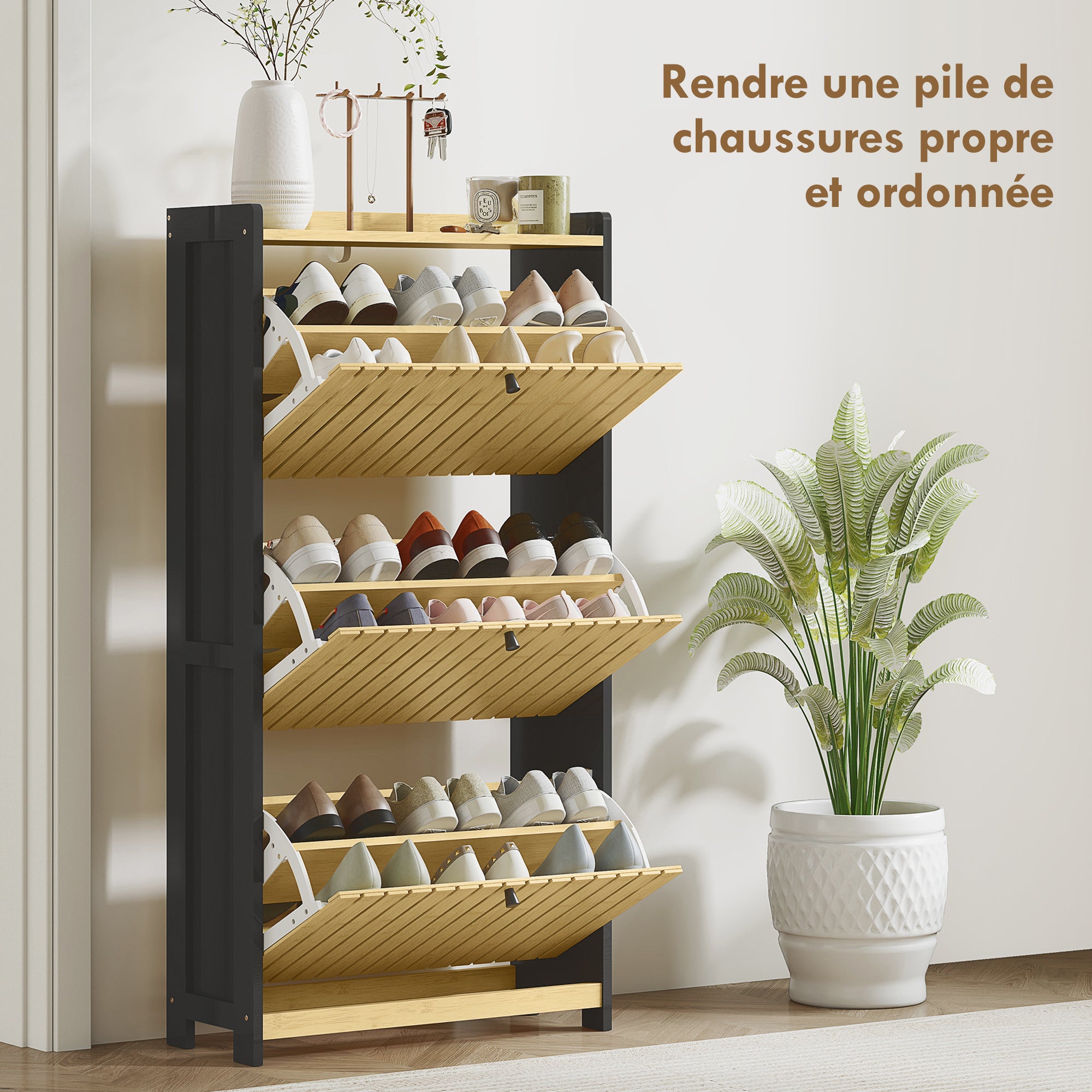 Meuble à chaussures 18 paires avec 3 tiroirs rabattables, portes en bambou à lattes, 60x24x118cm, noir et bois naturel