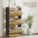 Meuble à chaussures 18 paires avec 3 tiroirs rabattables, portes en bambou à lattes, 60x24x118cm, noir et bois naturel