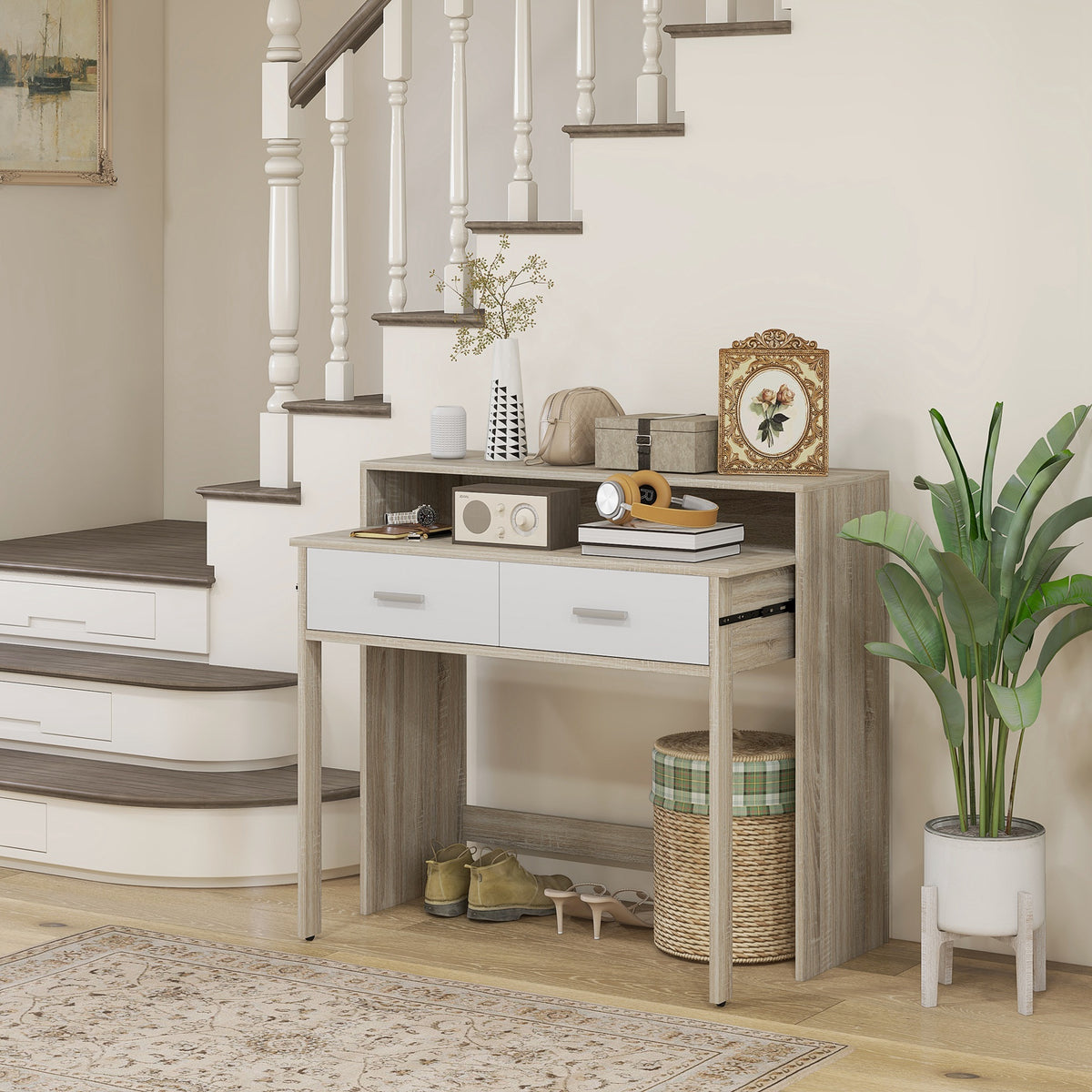 Table console avec plateau coulissant et 2 tiroirs, table de couloir avec rangement, 95l x 35P x 87H cm, aspect chêne