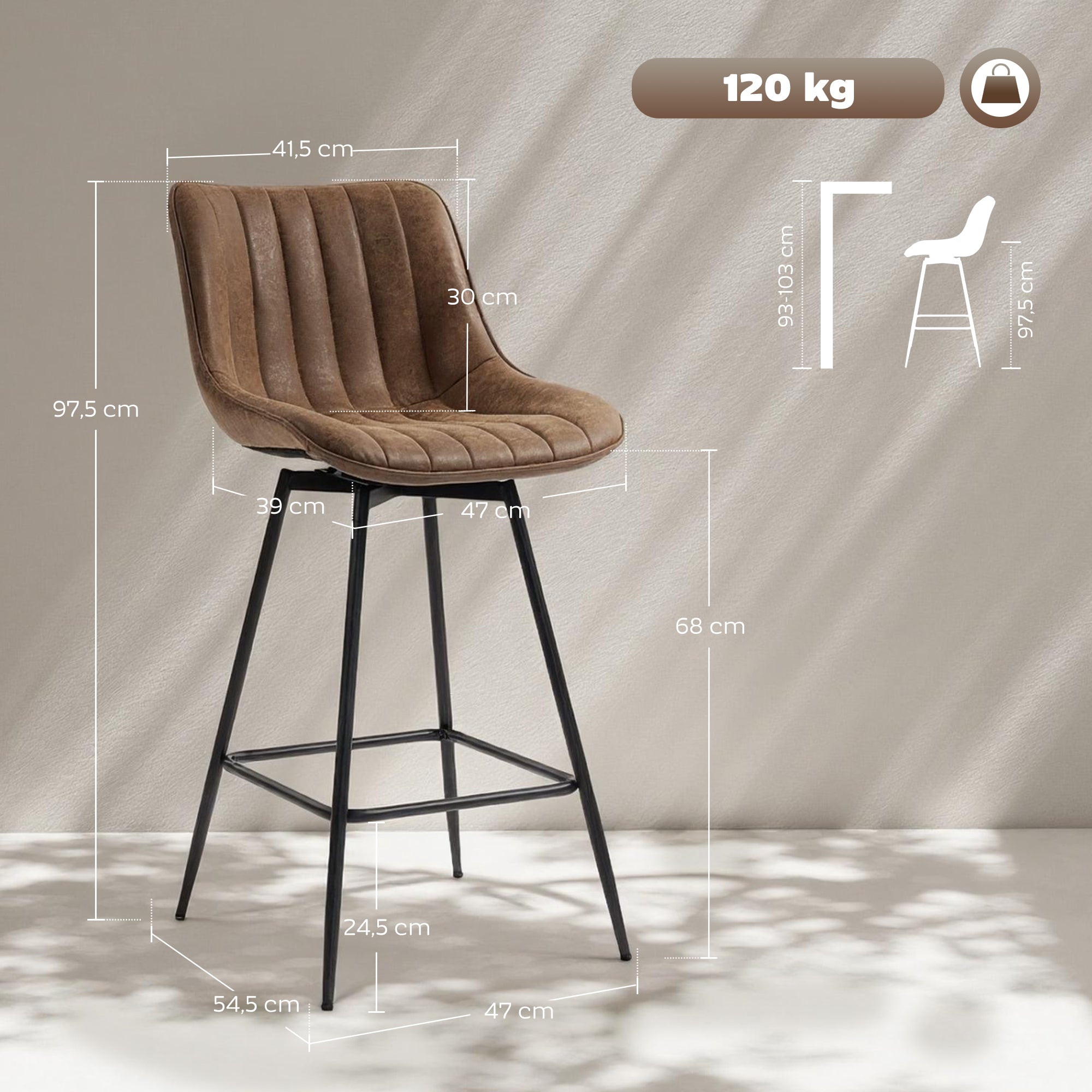 Lot de 2 tabourets de bar, chaises de bar en PU, assise rembourrée 68H cm, dossier et repose-pieds, marron