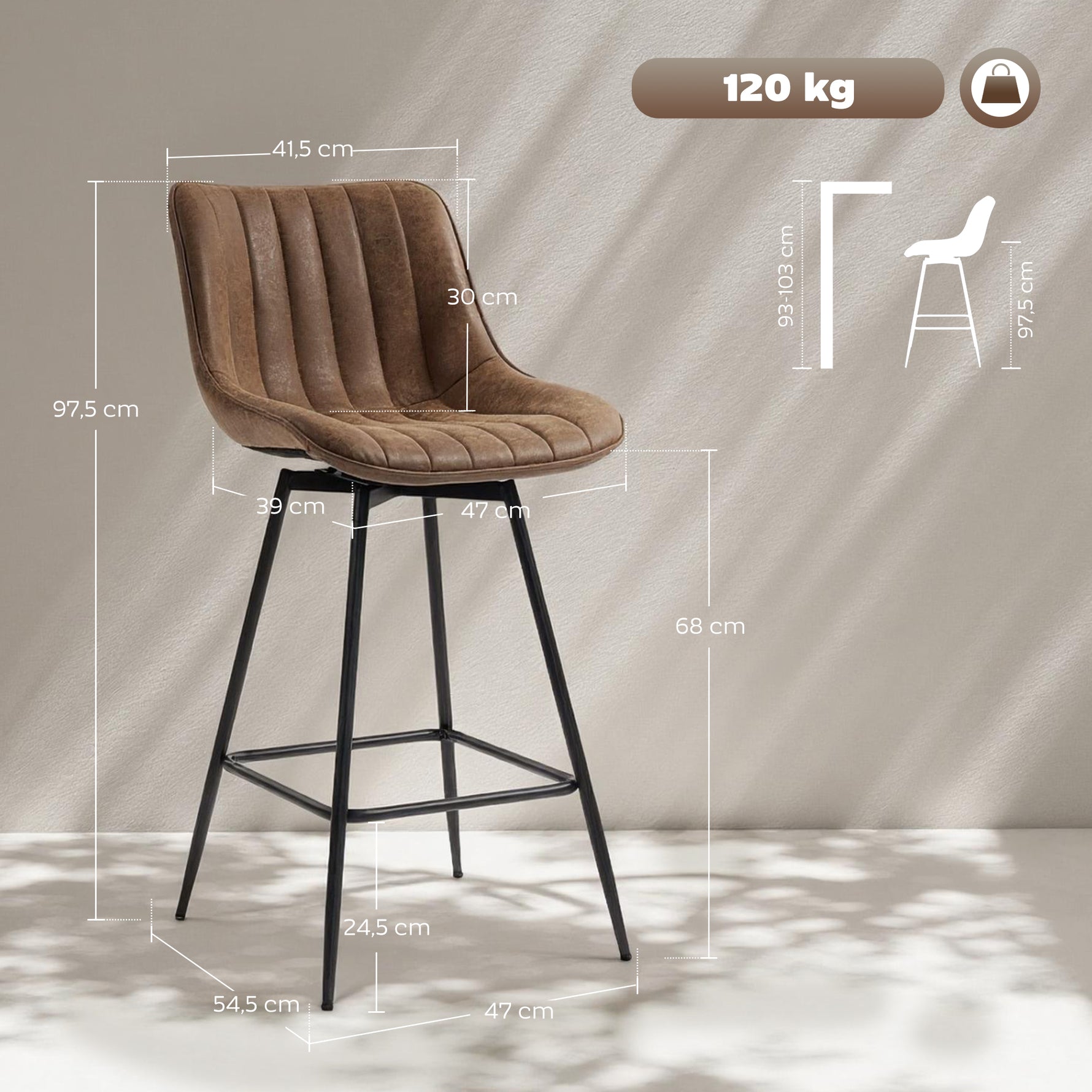Lot de 2 tabourets de bar, chaises de bar en PU, assise rembourrée 68H cm, dossier et repose-pieds, marron