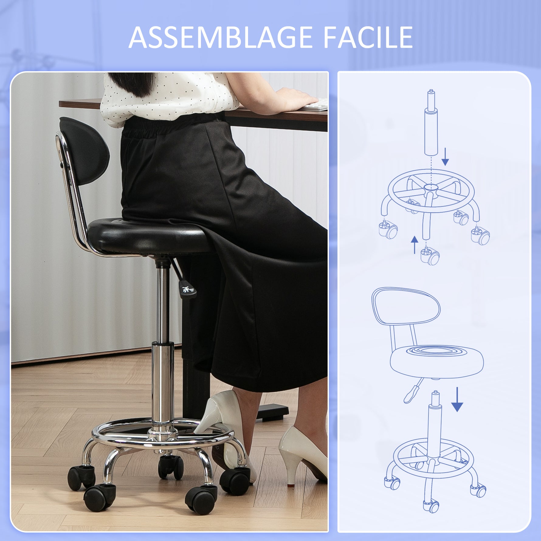 Tabouret à roulettes, tabouret de massage avec hauteur réglable 70-86 cm et dossier, pivotant 360°, noir