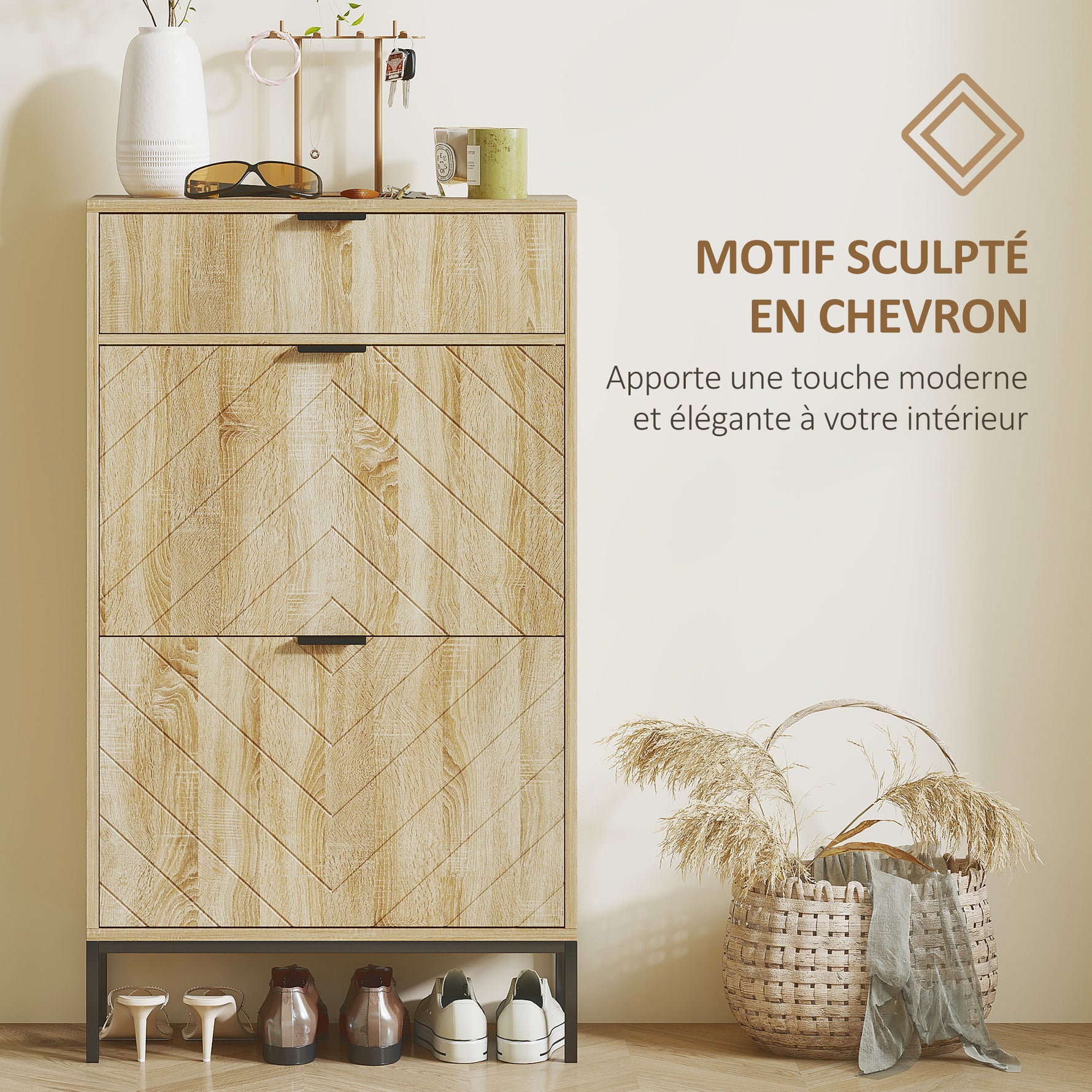 Meuble à chaussures 8 paires avec tiroir coulissant, 2 tiroirs rabattables, étagères réglables, 60x24x105,5cm, chêne