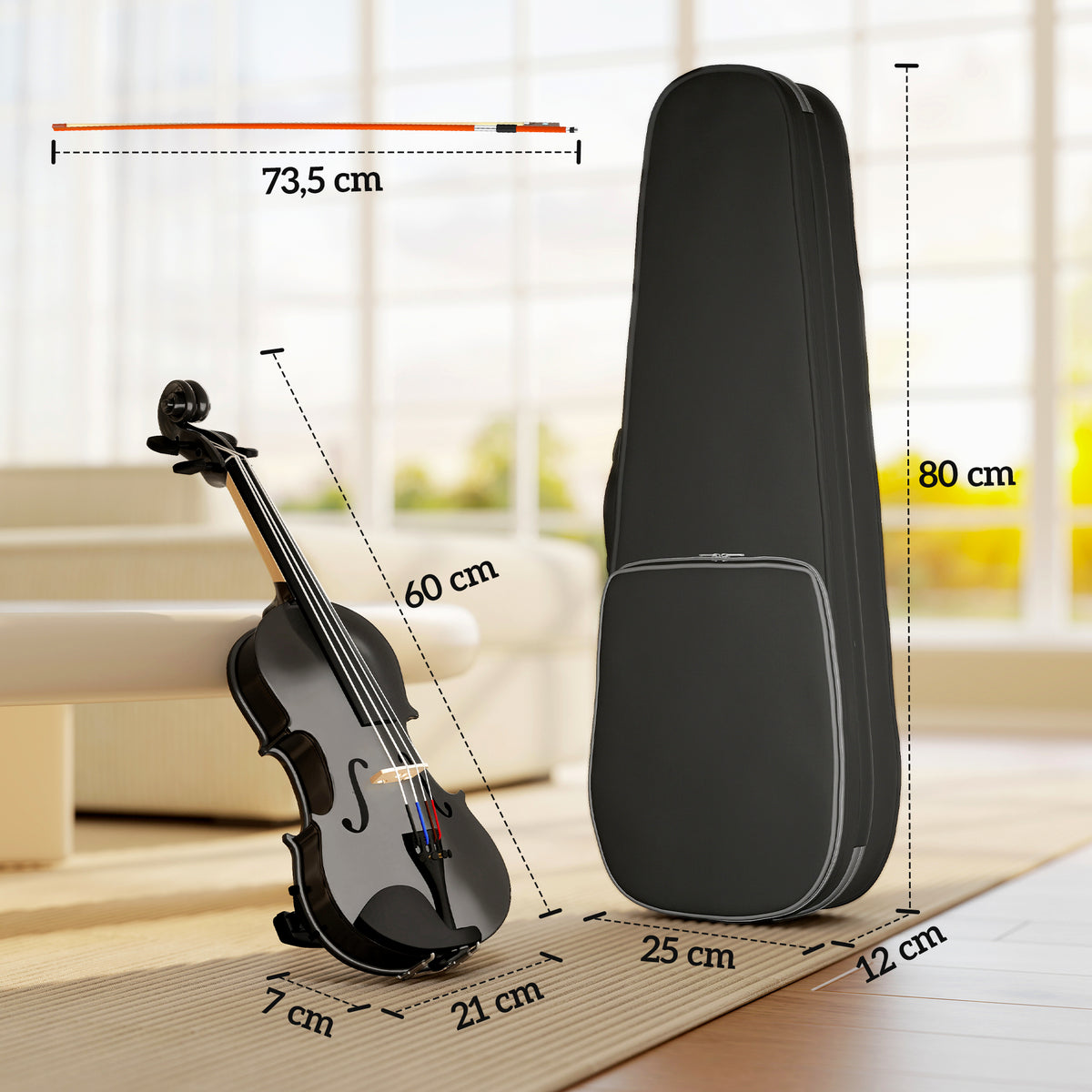 Violon 4/4 Ensemble de Violon en Bois Massif pour Adultes et Débutants avec Étui Léger et Portable 60 x 21 cm Noir