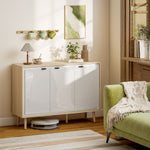 Buffet à haute brillance, meuble de rangement avec 3 portes, étagères réglables, 107 x 35 x 77 cm, blanc et chêne