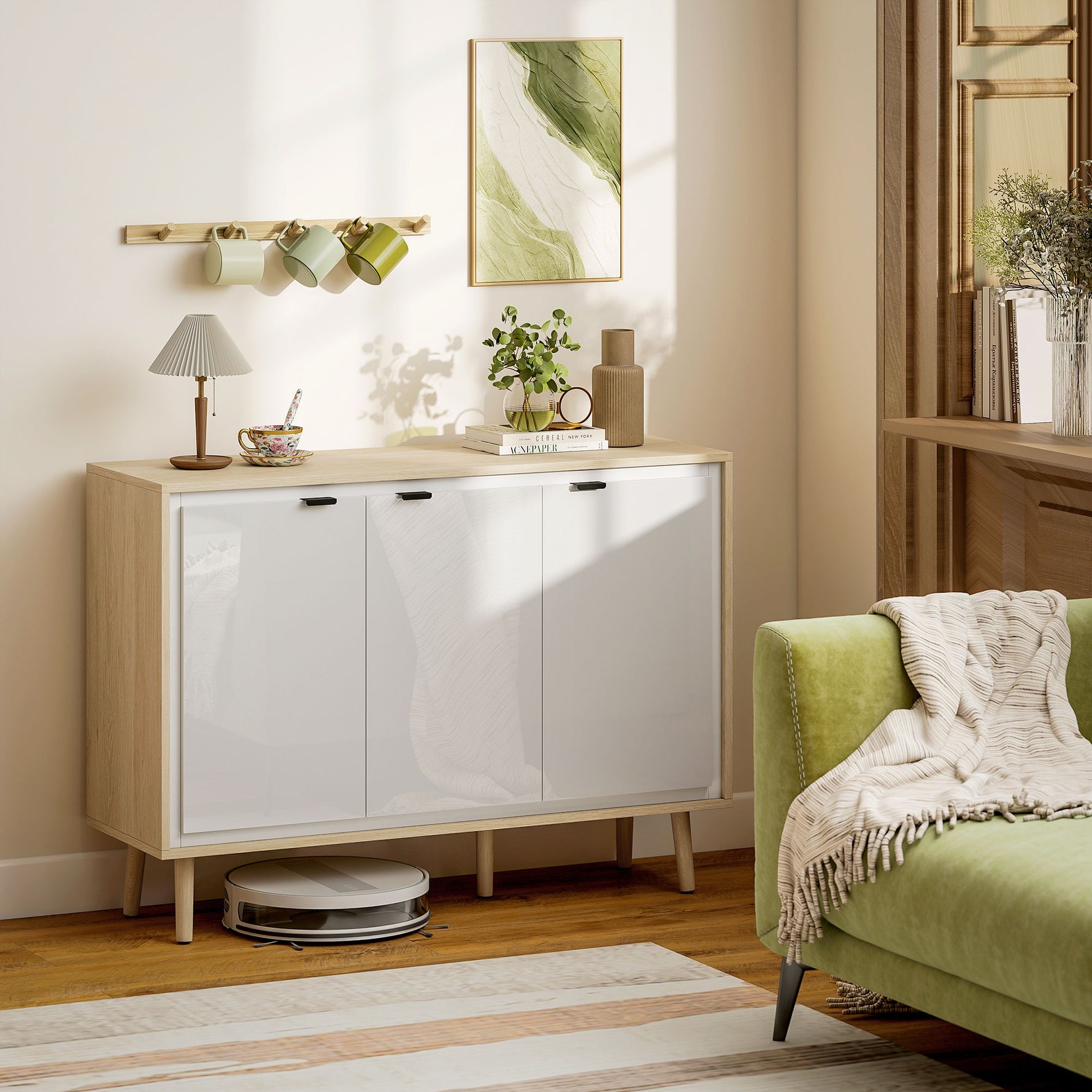 Buffet à haute brillance, meuble de rangement avec 3 portes, étagères réglables, 107 x 35 x 77 cm, blanc et chêne