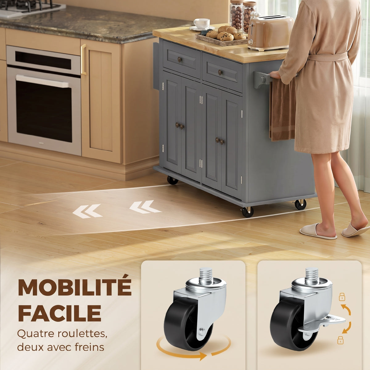 Isola Centrale da Cucina con Piano in Legno di Hevea, Carrello da Cucina su Ruote con 2 Cassetti, 111 x 44,5 x 82,5 cm, Grigio