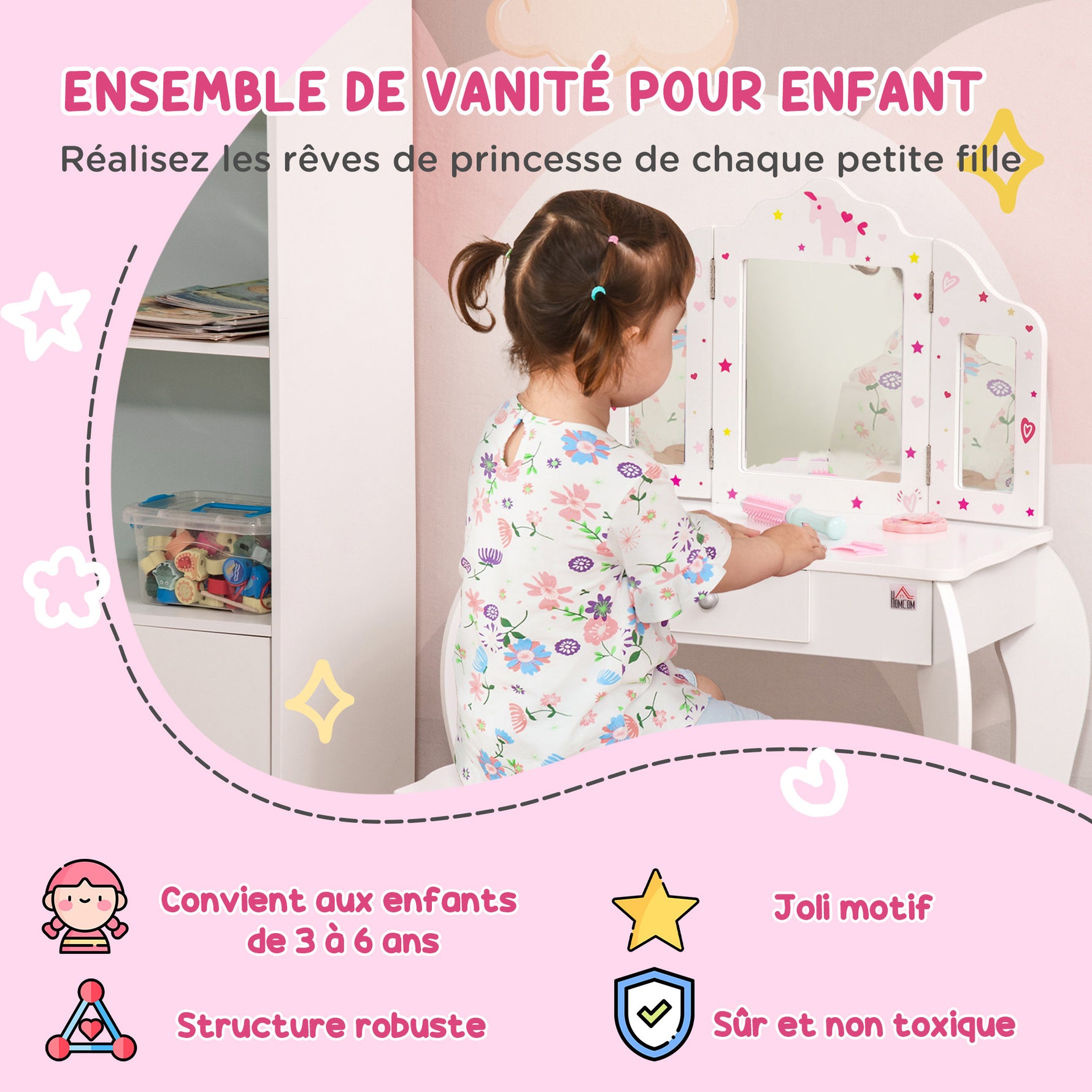 Coiffeuse Enfant avec Tabouret, Miroir triptyque et tiroir Coulissant - Coiffeuse dim. 63L x 40l x 85,5H cm