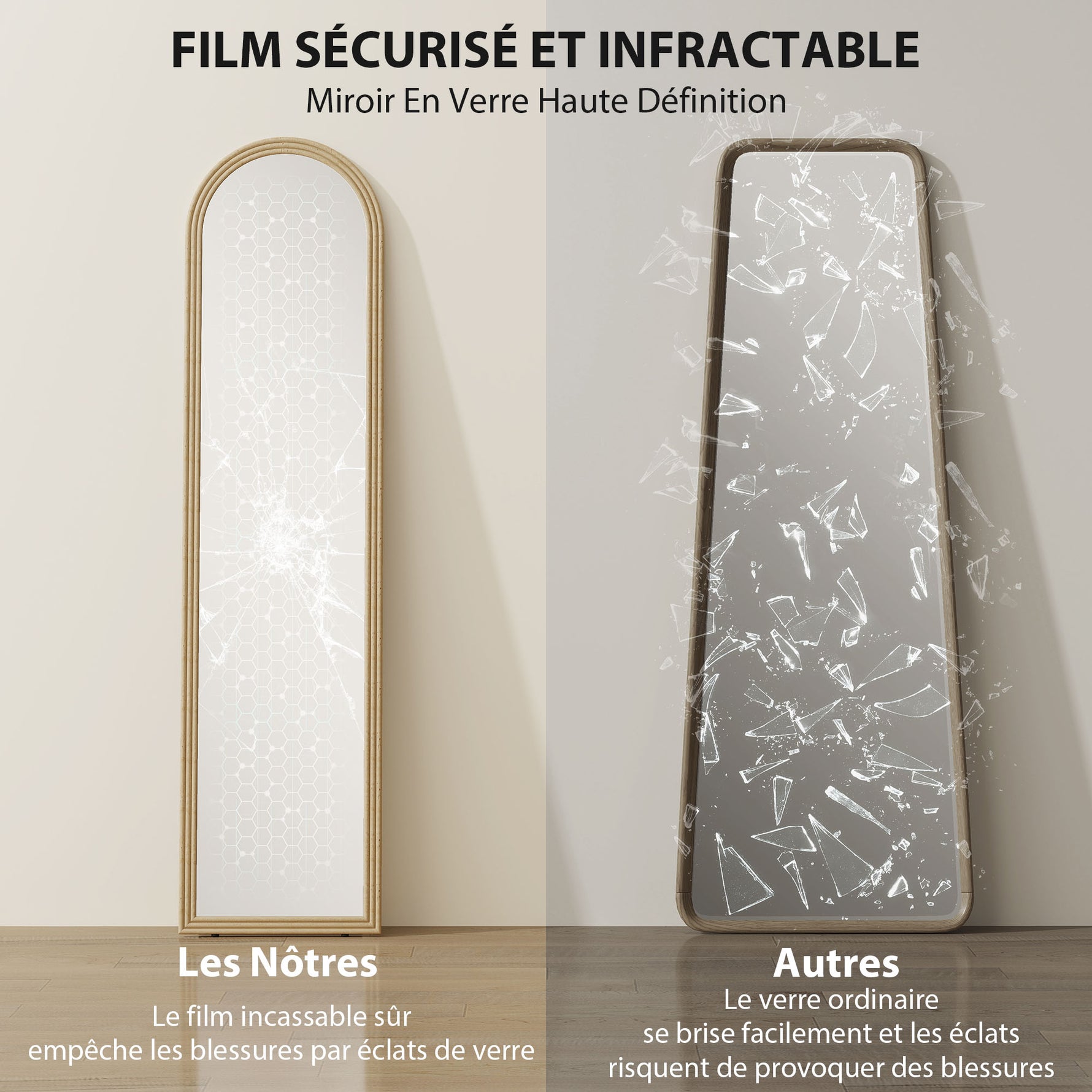 Miroir de sol arqué pleine longueur miroir sur pied cadre en effet imitation pierre pour salon chambre 40 x 160 cm beige