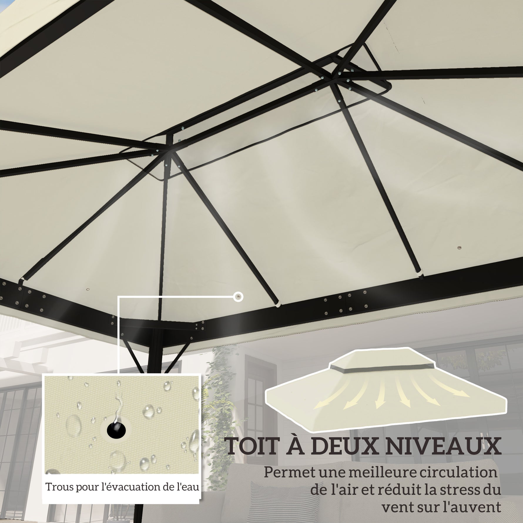 Toile pour tonnelle toile de rechange pour tonnelle à 2 niveaux protection UPF30+ trous de drainage  4 x 3 m crème