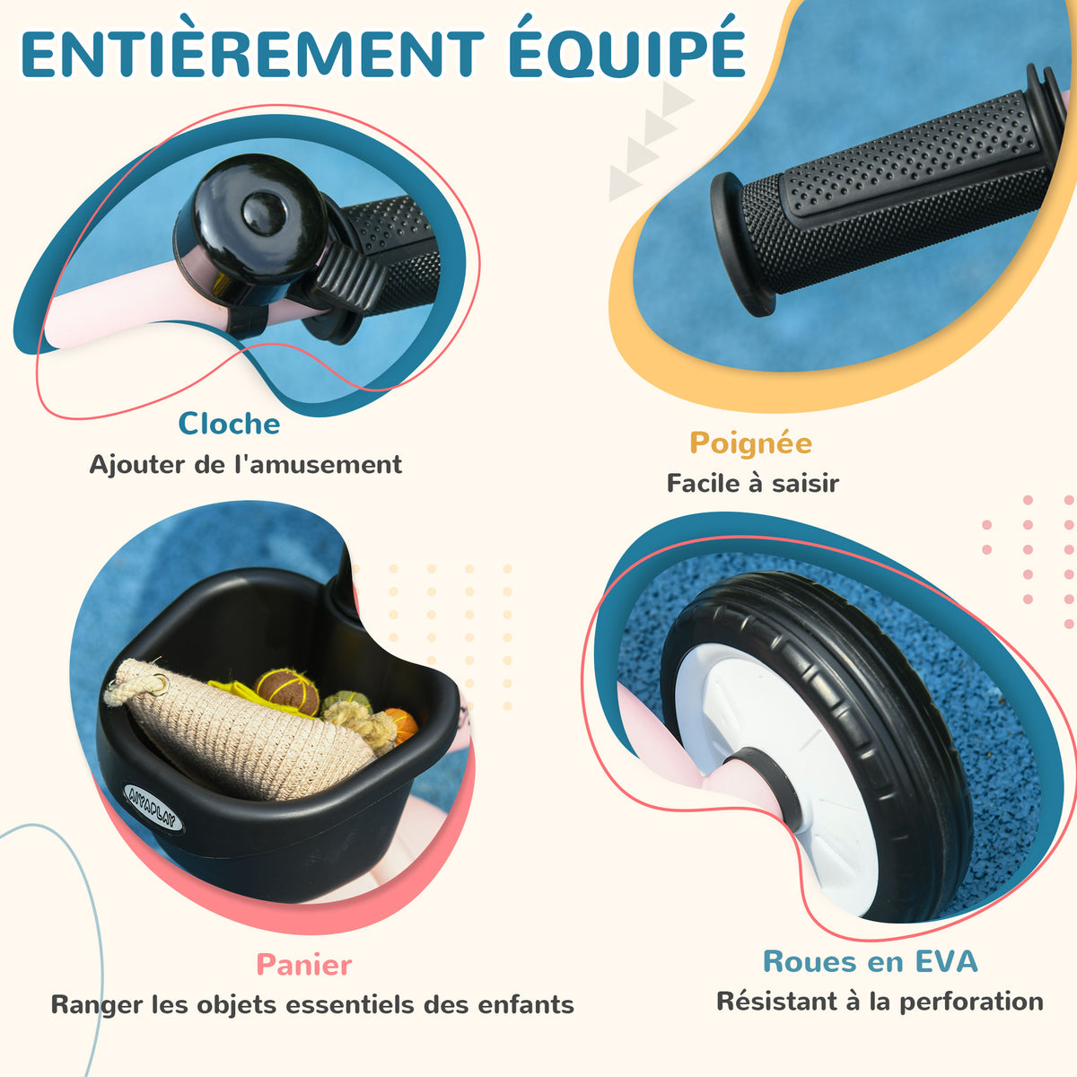 Tricycle enfants avec sonnette et panier selle réglable avec dossier - pour enfant de 2 à 5 ans rose