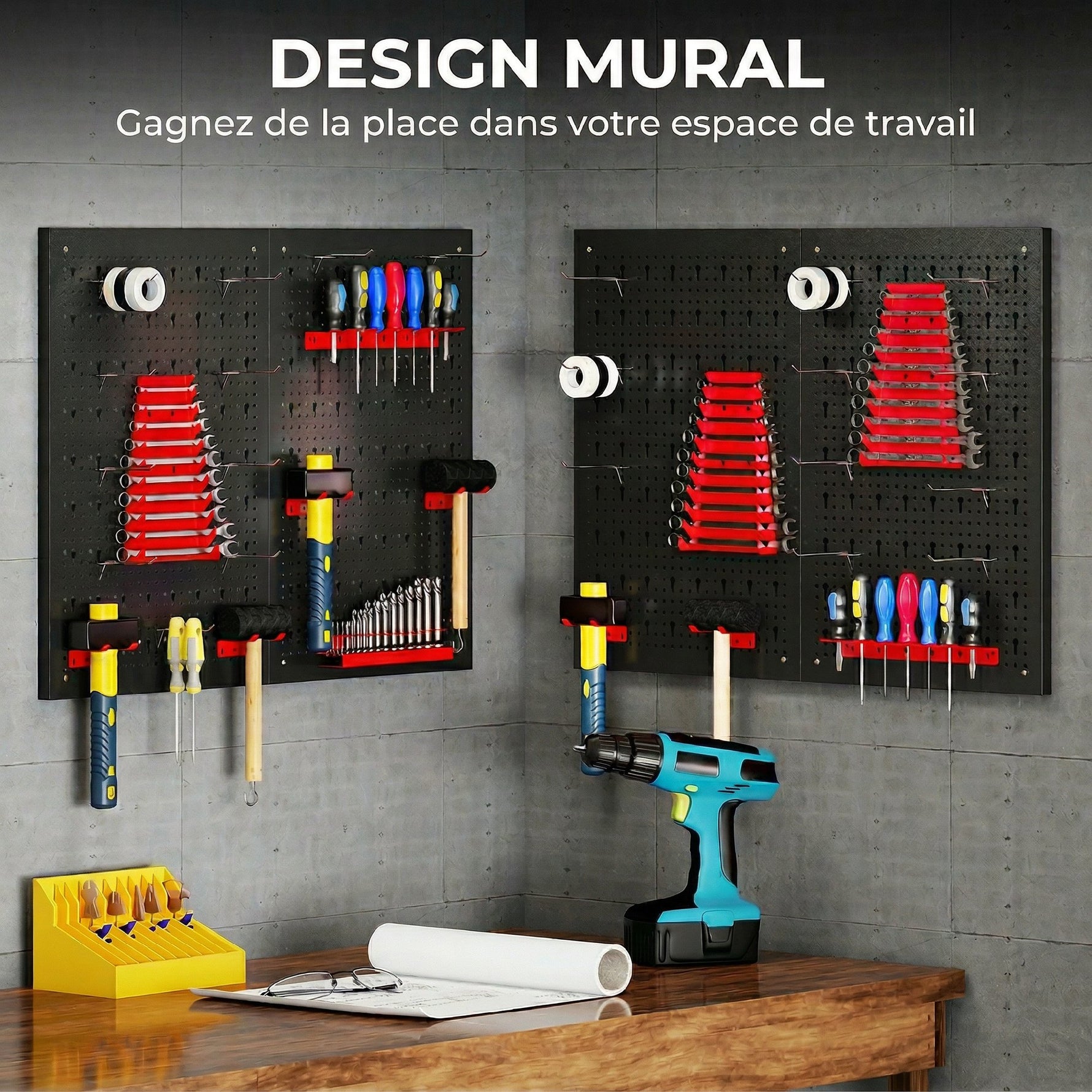 panneau perforé mural 600 x 400 mm, organiseur garage en acier avec 4 panneaux perforés, noir et rouge