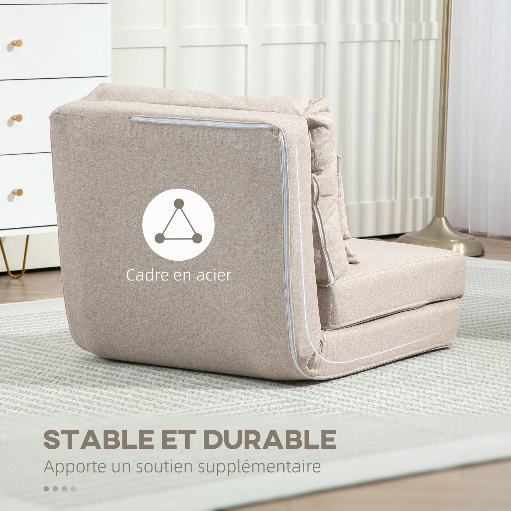 Chauffeuse canapé-lit convertible fauteuil 1 place avec 1 coussin avec dossier réglable, beige
