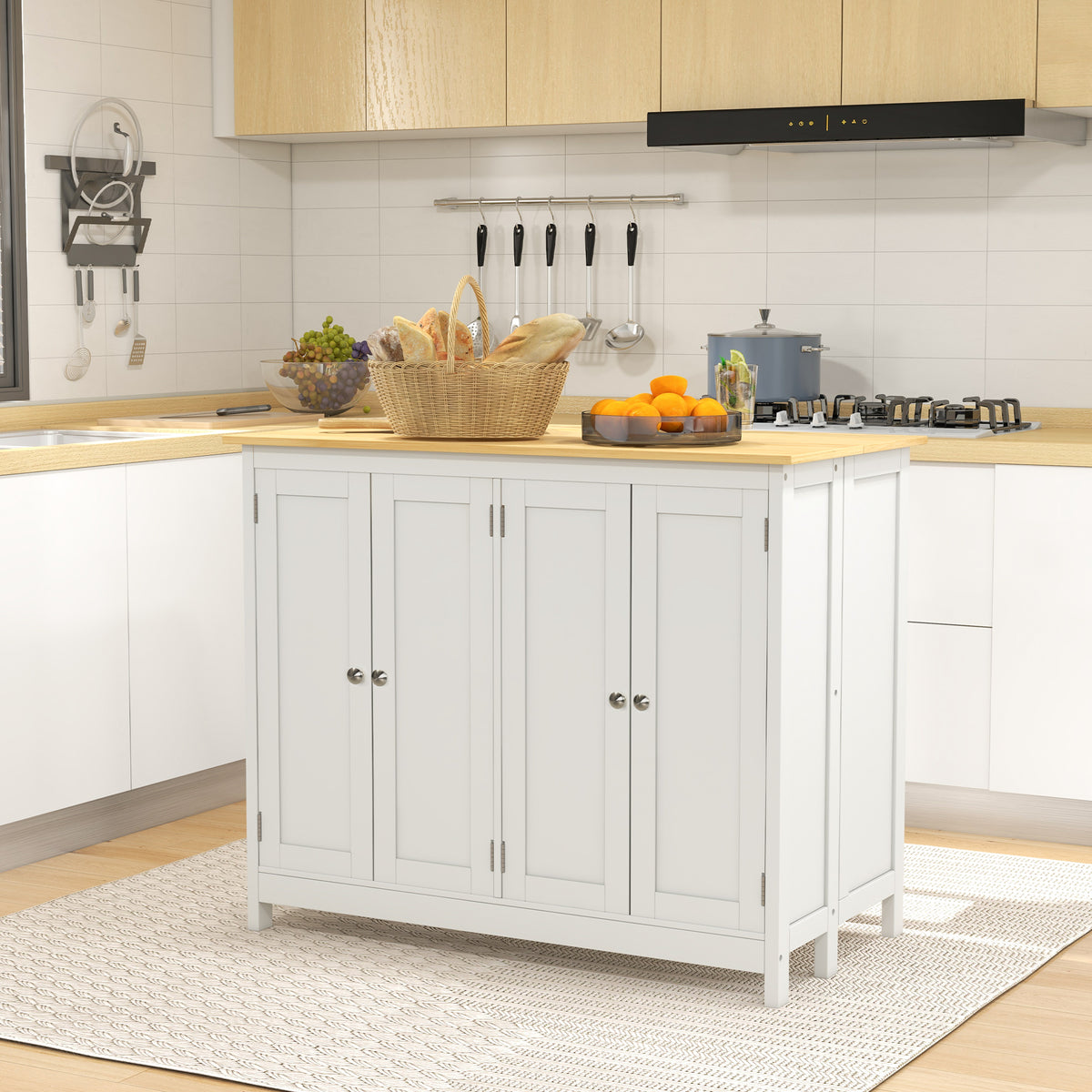 Desserte îlot de cuisine avec 2 tabourets plan de travail rabattable 2 placards avec 4 portes design moderne blanc