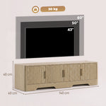 Meuble TV 140 cm, Meuble Télé pour Téléviseur jusqu'à 60 Pouces, 4 Portes Cannelées et Étagères Réglables, Chêne