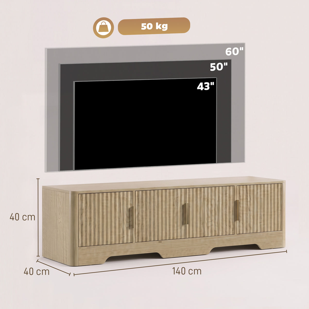 Meuble TV 140 cm, Meuble Télé pour Téléviseur jusqu'à 60 Pouces, 4 Portes Cannelées et Étagères Réglables, Chêne