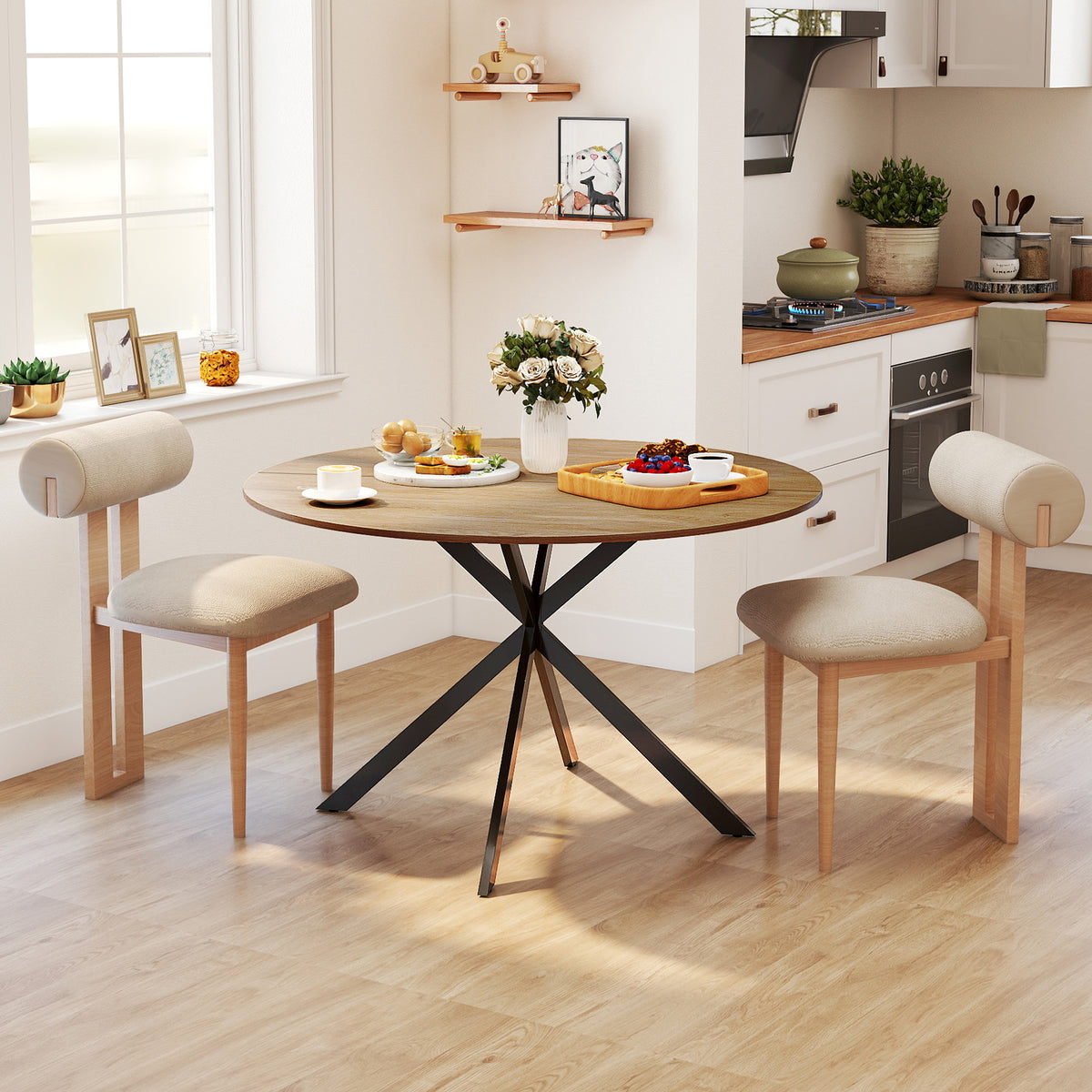 Table à manger ronde pour 4 personnes 120 cm style industriel avec plateau aspect bois, piètement croisé en acier, chêne