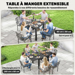 Table de jardin extensible table extérieur pour 4-6 personnes avec rallonge auto-stockée aluminium 80-160 x 80 cm noir