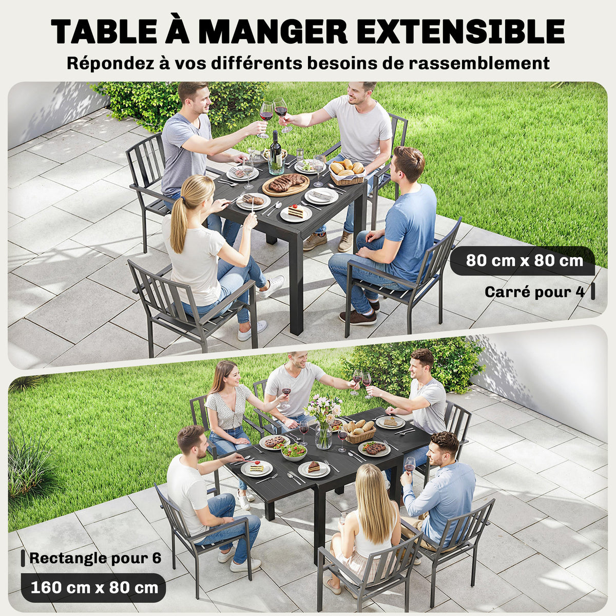 Table de jardin extensible table extérieur pour 4-6 personnes avec rallonge auto-stockée aluminium 80-160 x 80 cm noir