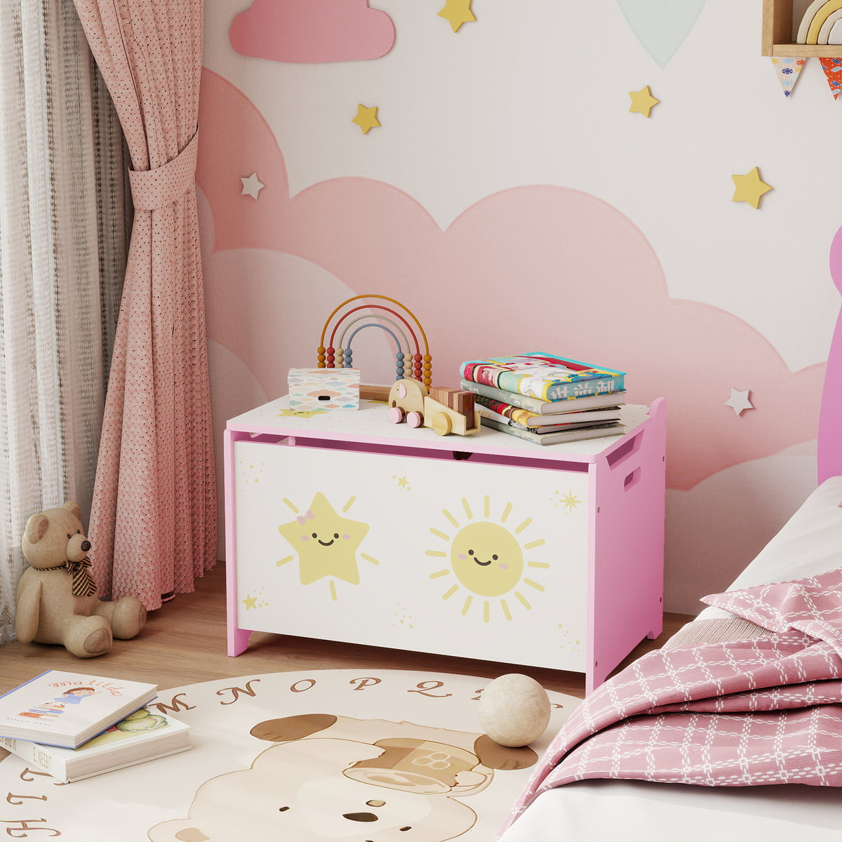 Coffre à jouets avec couvercle, coffre de rangement enfant avec charnières de sécurité, 60 x 37 x 39 cm, rose