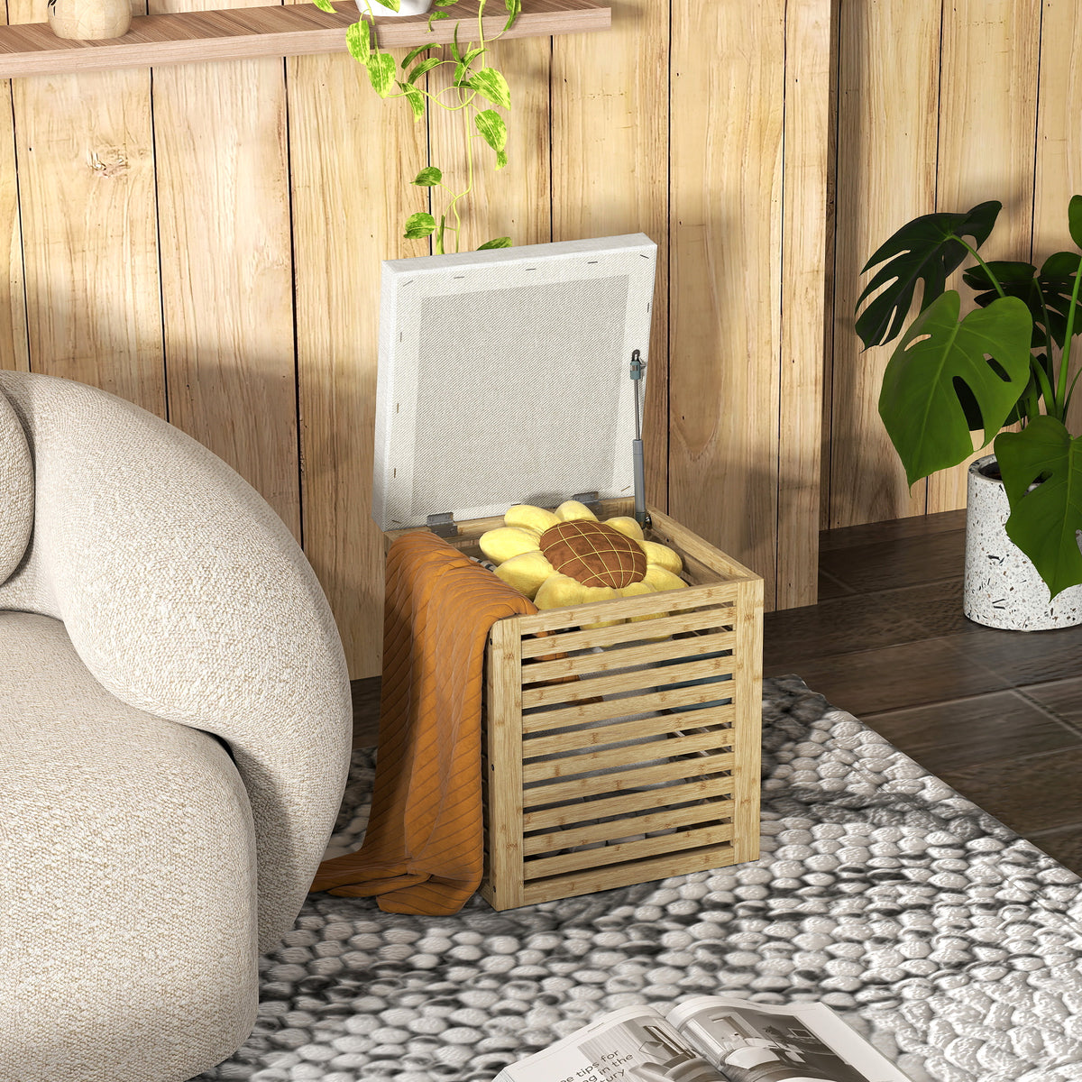 Coffre de rangement tabouret de rangement 54.76 L design lamellé cadre en bambou naturel 40 x 40 x 47 cm bois naturel