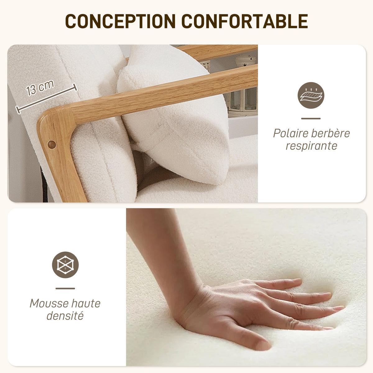 Poltrona a dondolo con poggiapiedi, sedia a dondolo in tessuto bouclé, gambe in legno, 64,5 x 82 x 89 cm, bianco