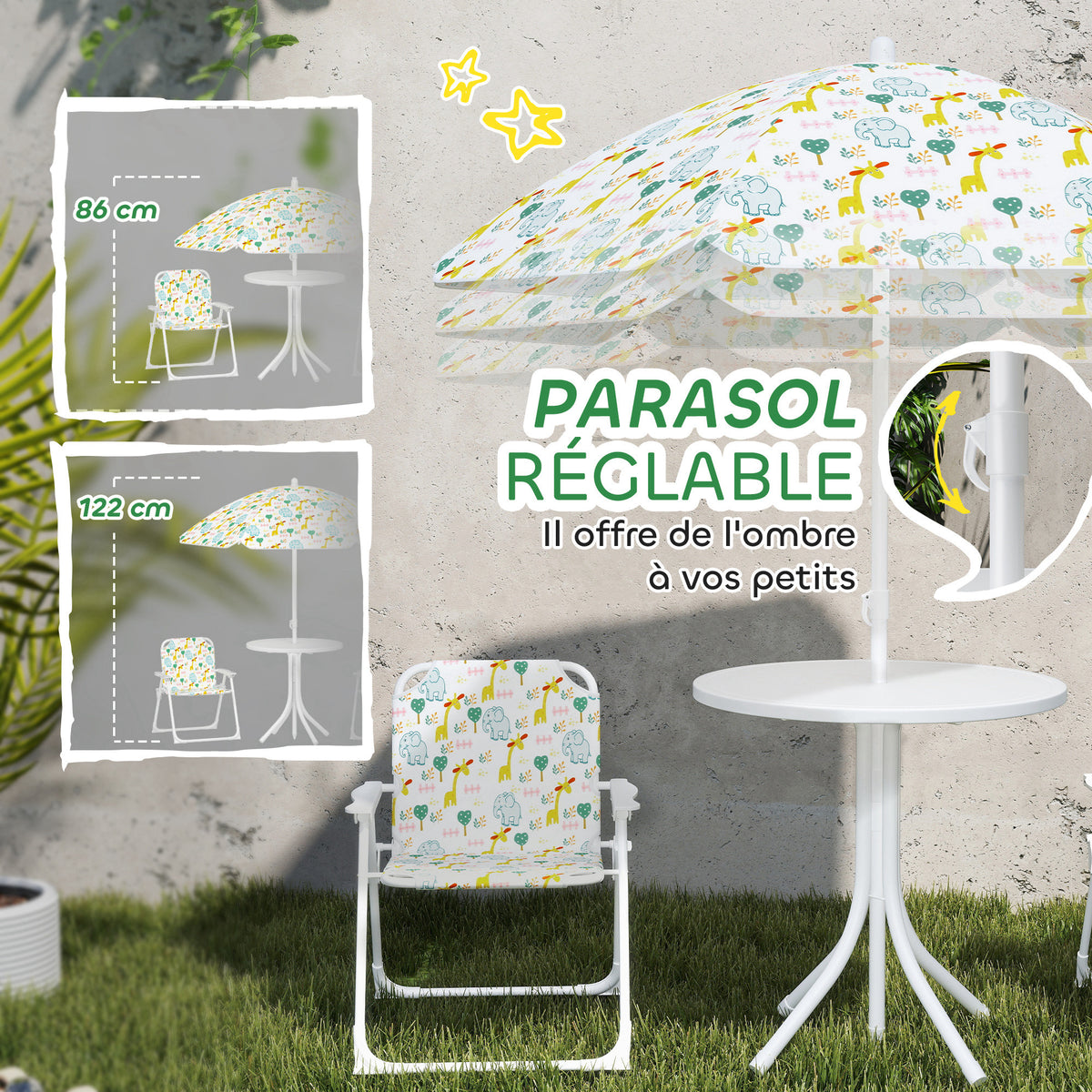 Ensemble salon de jardin extérieur enfant 4 pièces, motif éléphant et girafe, parasol réglable Ø 100 cm, chaise pliable
