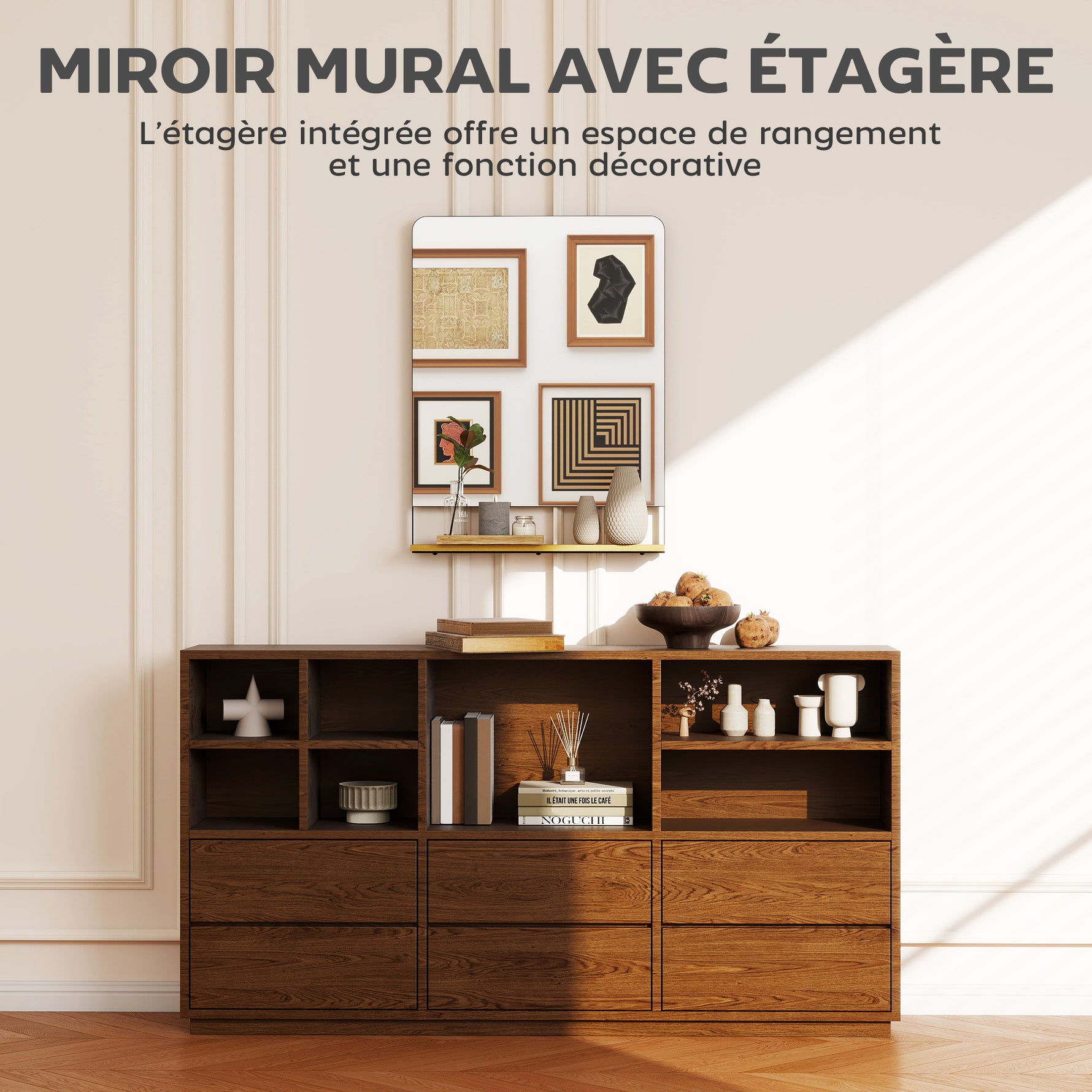Miroir mural 80 x 60 cm avec étagère en bois, miroir rectangulaire moderne avec cadre en métal, noir
