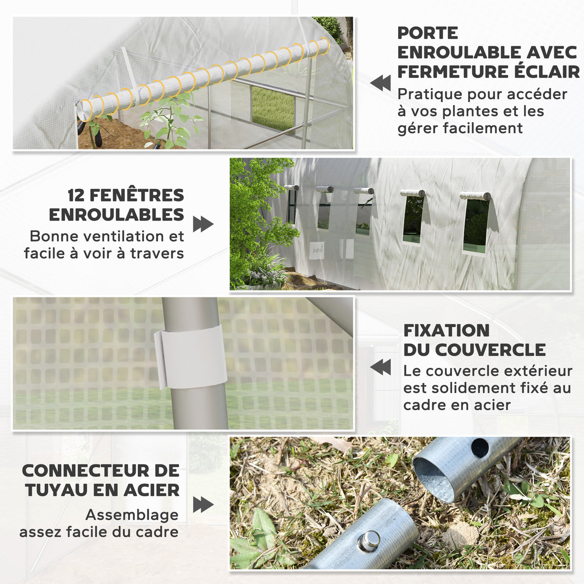 Serra da giardino a tunnel di grandi dimensioni con telo in PE, struttura in acciaio, porta avvolgibile e 12 finestre, 8 x 3 x 2 m, bianca