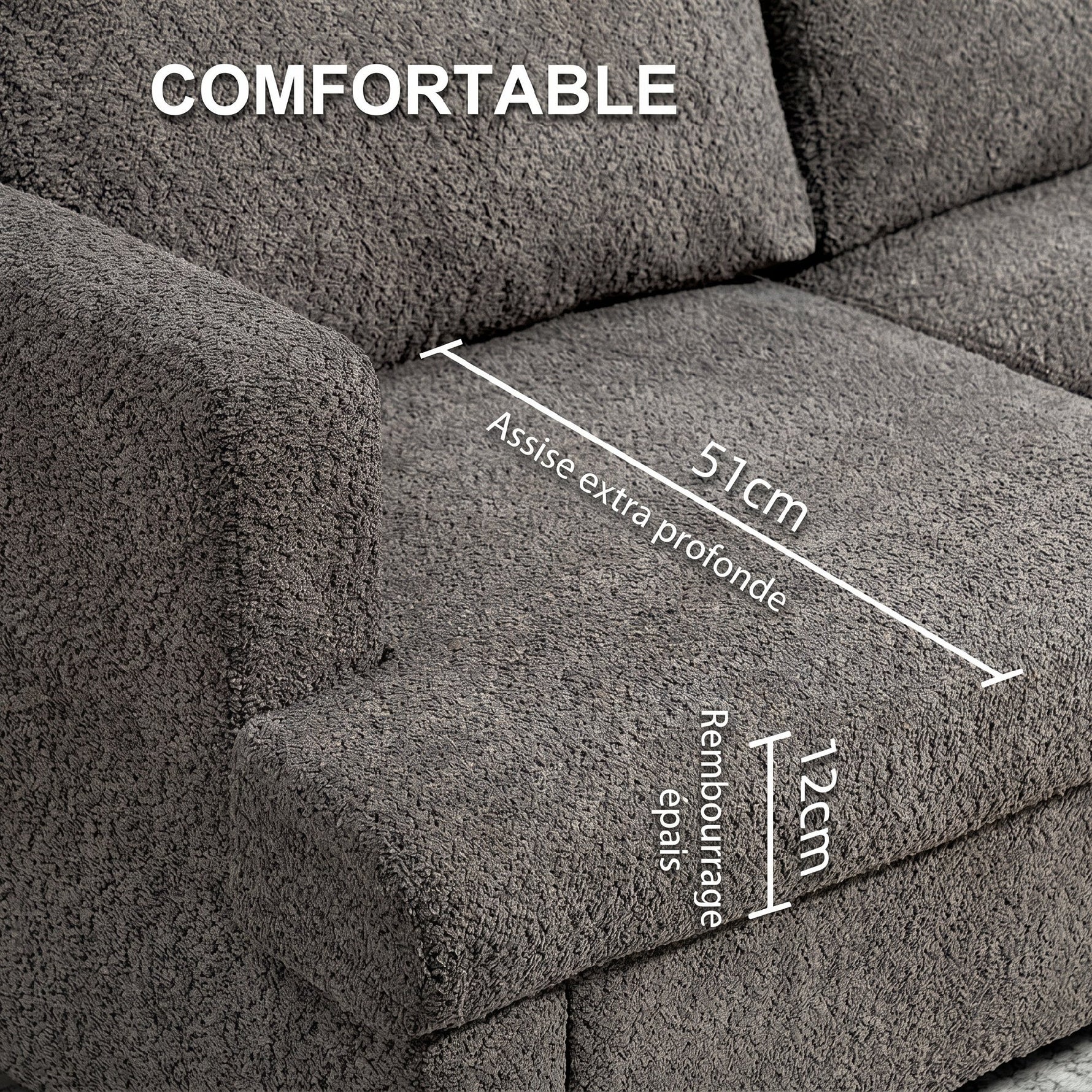 Canapé 2 places 120 cm avec coussins de dossier amovibles, tissu chenille pour salon, chambre, bureau, gris foncé
