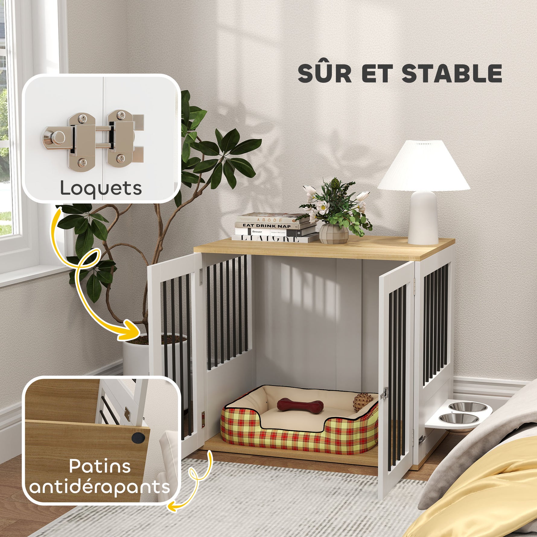 Cage pour chiens, table d'appoint, gamelles amovibles rotatives à 360° 2 portes pour chien moyenne 80x55x71,5cm blanc