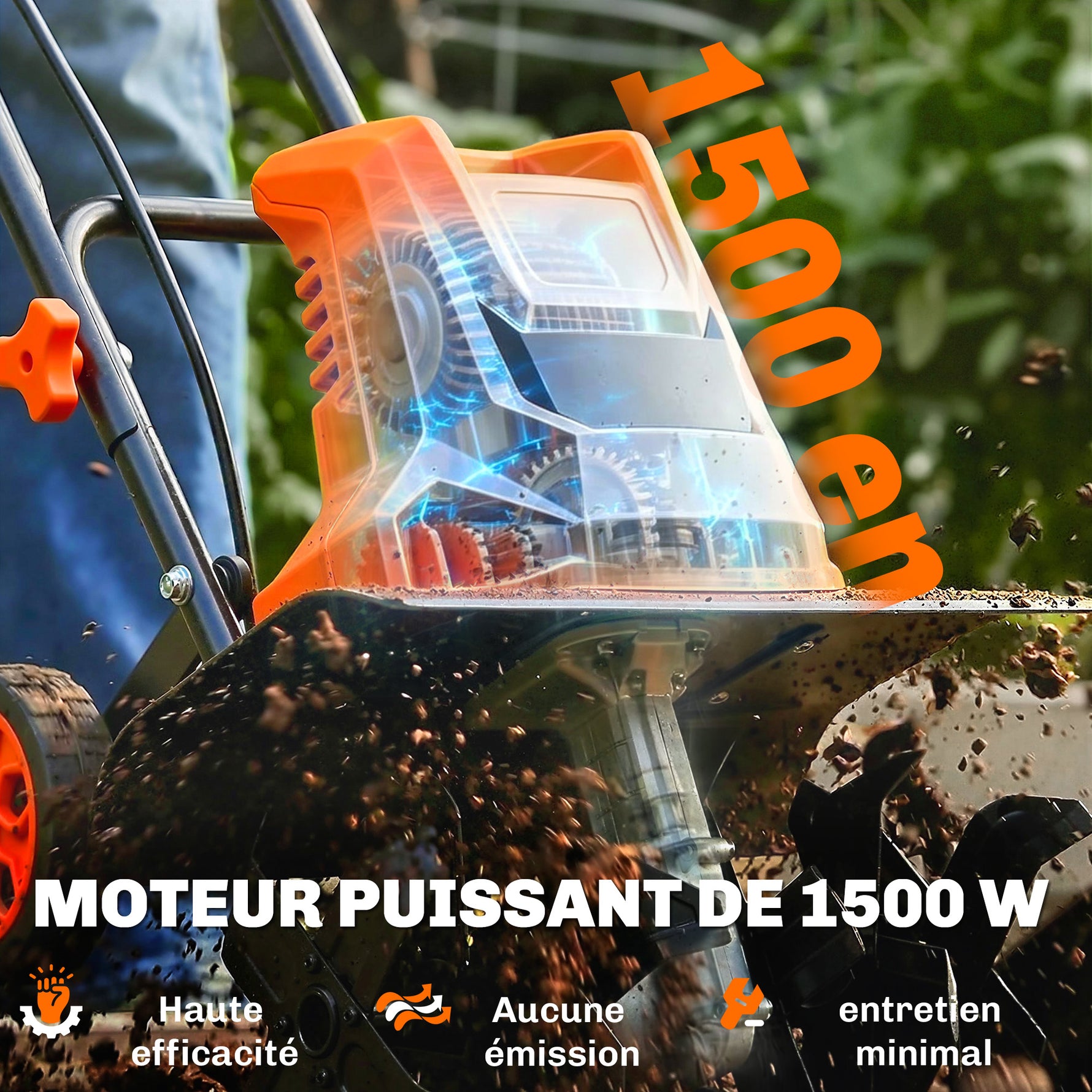 Motobineuse Électrique Motoculteur 1500W 6 Lames 65Mn Largeur 40cm Profondeur 20cm Pliable et Étanche IPX4 Orange