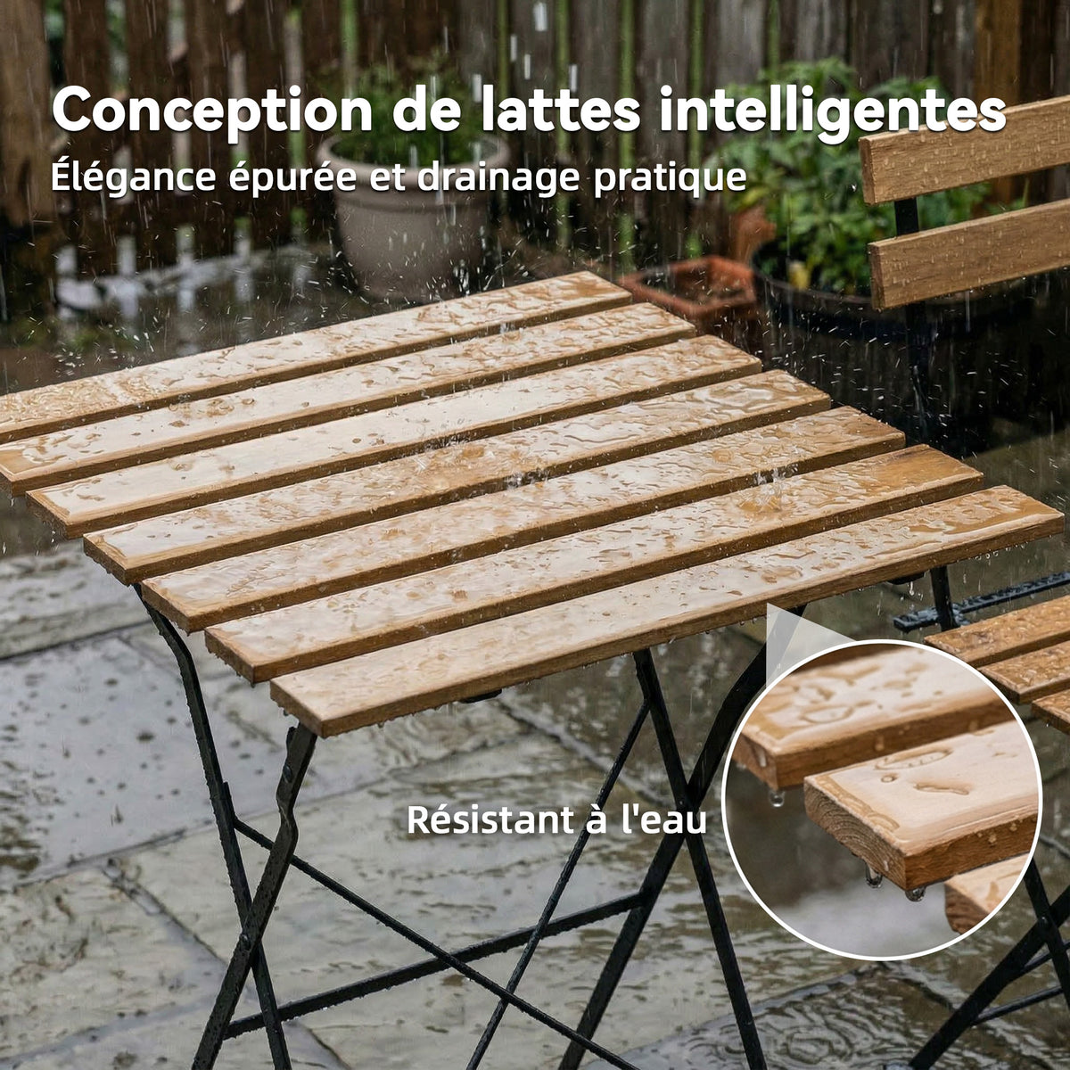 Ensemble de Salon de Jardin Bistrot 3 Pièces, 2 Chaises Pliantes, Table Carrée en Bois d'Acacia, 55x55x71cm, Naturel
