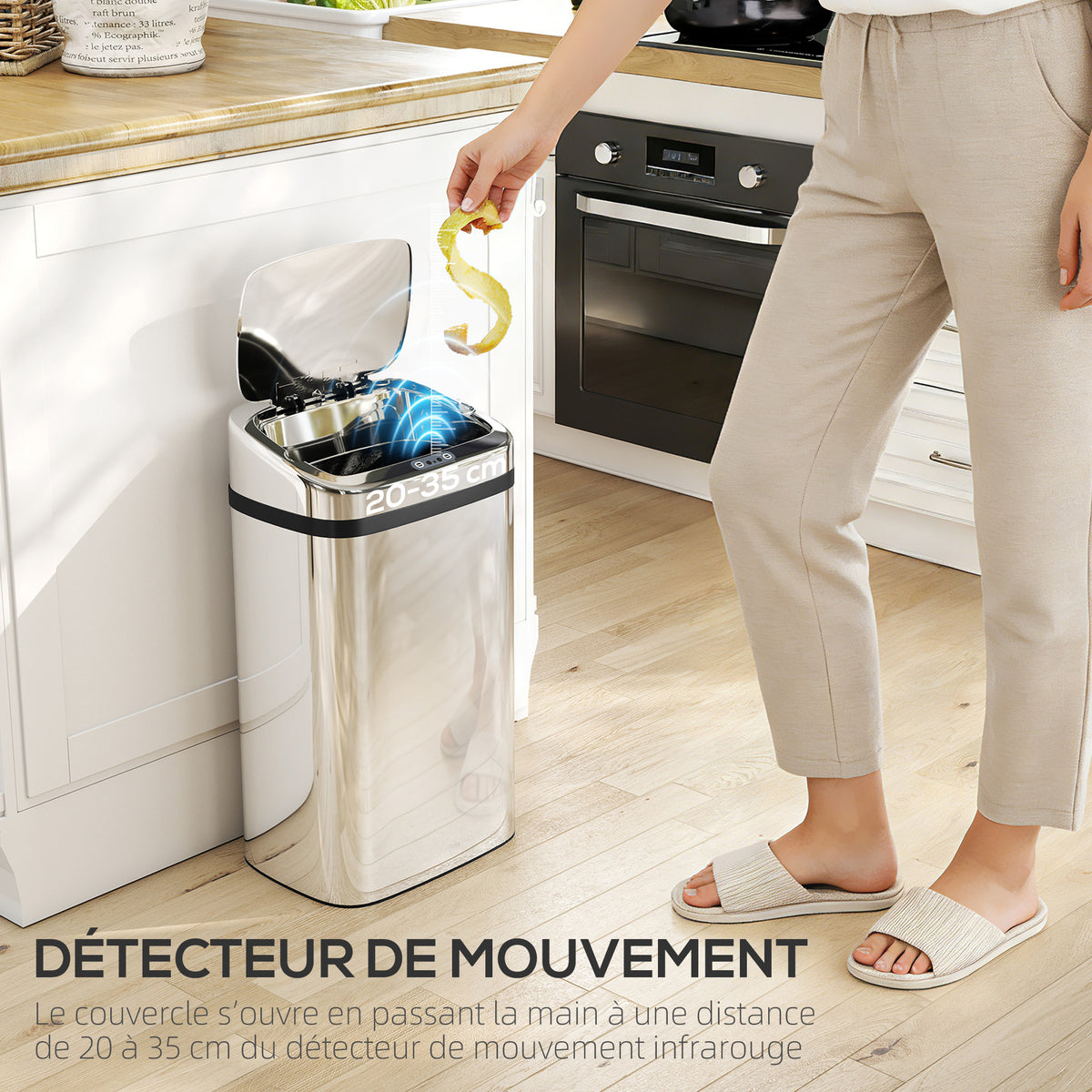 Poubelle à capteur de mouvement ouverture automatique 1 bac de 30 L en acier inoxydable