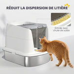Bac à Litière Fermé en Inox, Couvercle Amovible, Entrée Frontale et Sortie Supérieure, Pelle, 52,4x41,3x39,8cm, Blanc