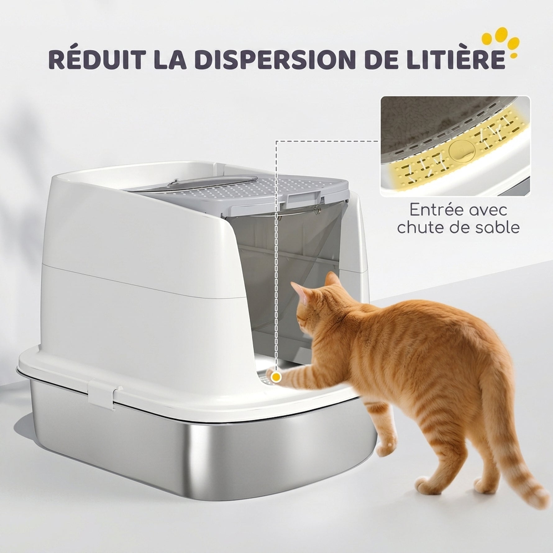 Bac à Litière Fermé en Inox, Couvercle Amovible, Entrée Frontale et Sortie Supérieure, Pelle, 52,4x41,3x39,8cm, Blanc