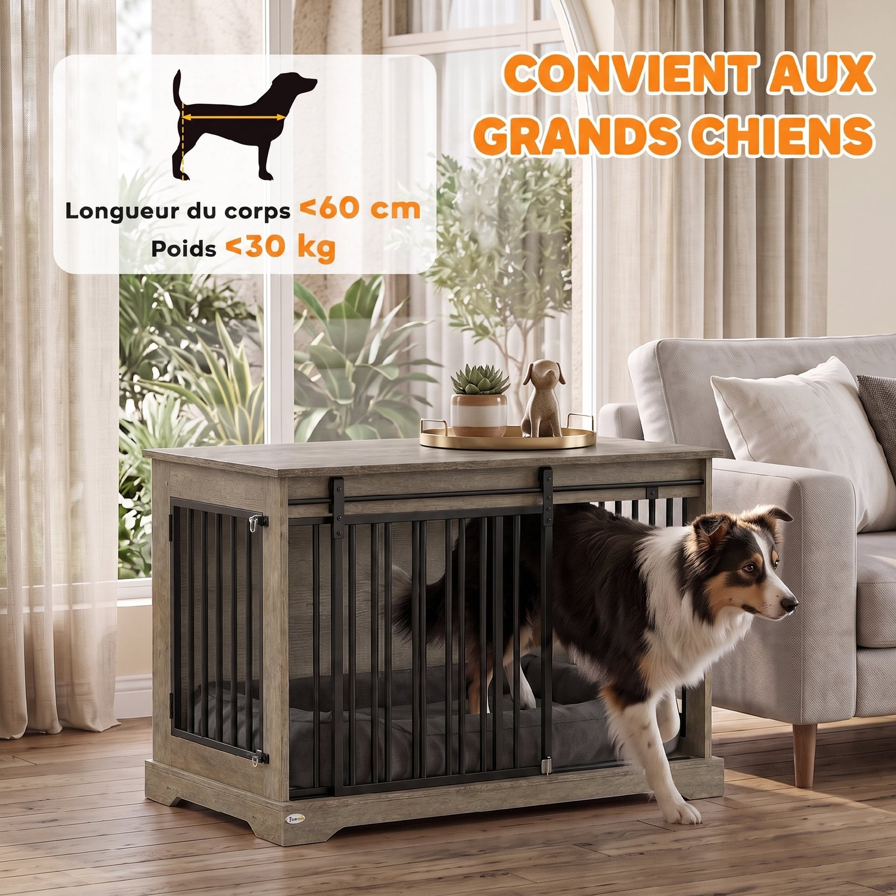 Cage pour Chien en Bois et Acier avec Porte Coulissante, Table d'Appoint, Niche Moderne, 100x60x68cm, Effet Bois Gris