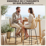 Lot de 2 tabourets de bar design bohème Hauteur 66 cm avec repose-pieds métal et rotin PE - naturel