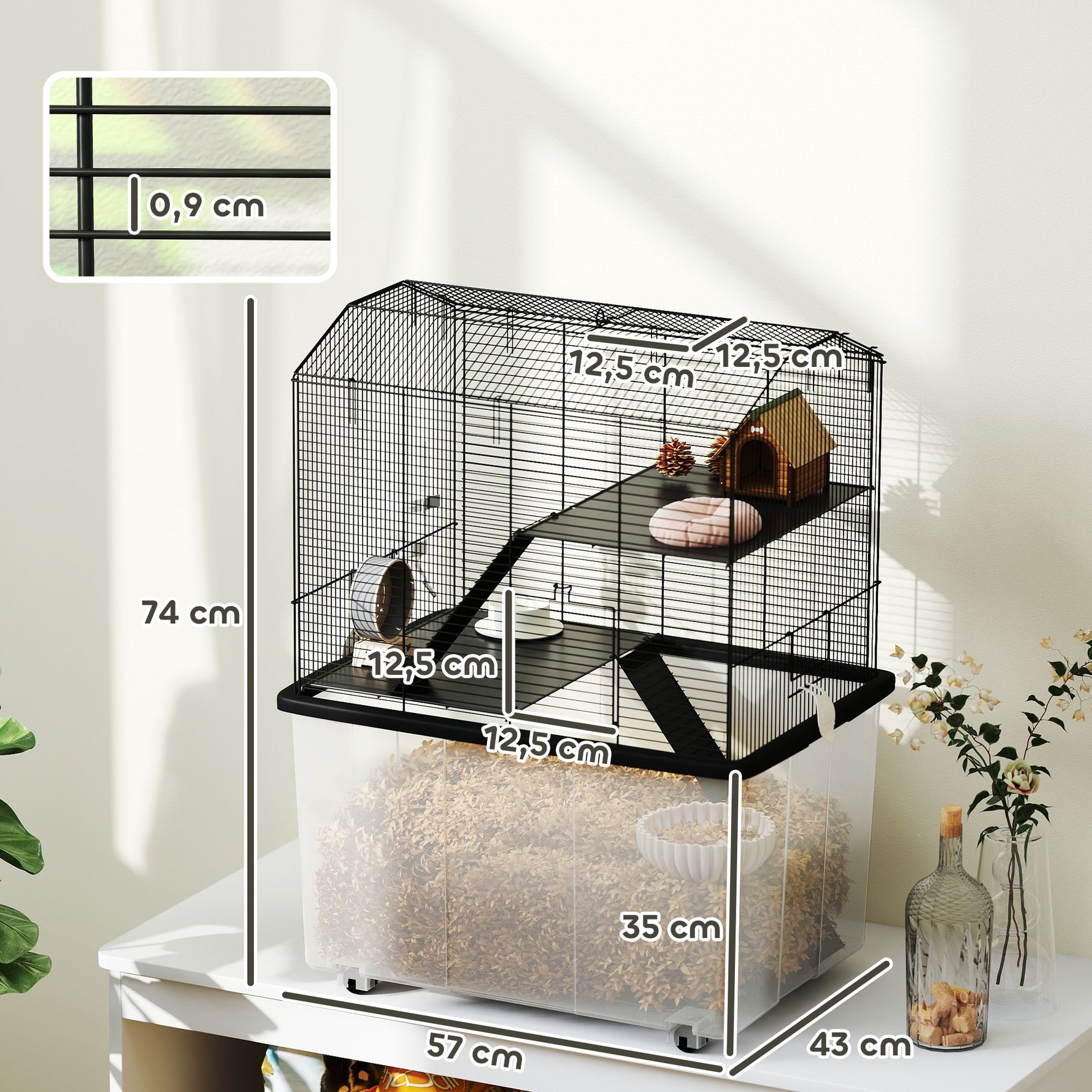 Cage hamster cage rongeur 3 étages avec roulettes plate-forme et échelle en fil d'acier 57 x 43 x 74 cm noir