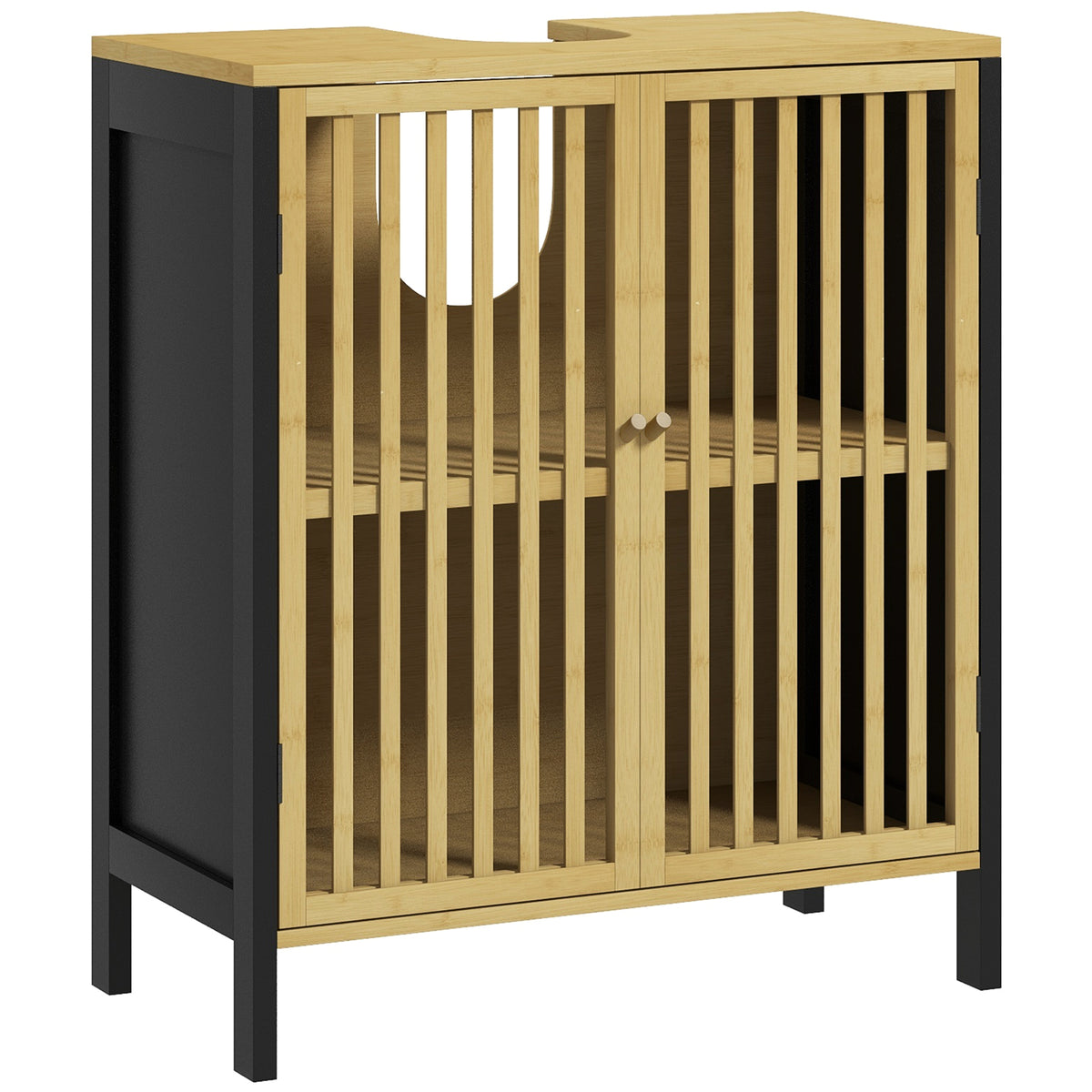 Mueble bajo lavabo de 2 puertas con estante ajustable, armario de almacenamiento para lavabo, 60 x 30 x 70 cm, MDF y bambú