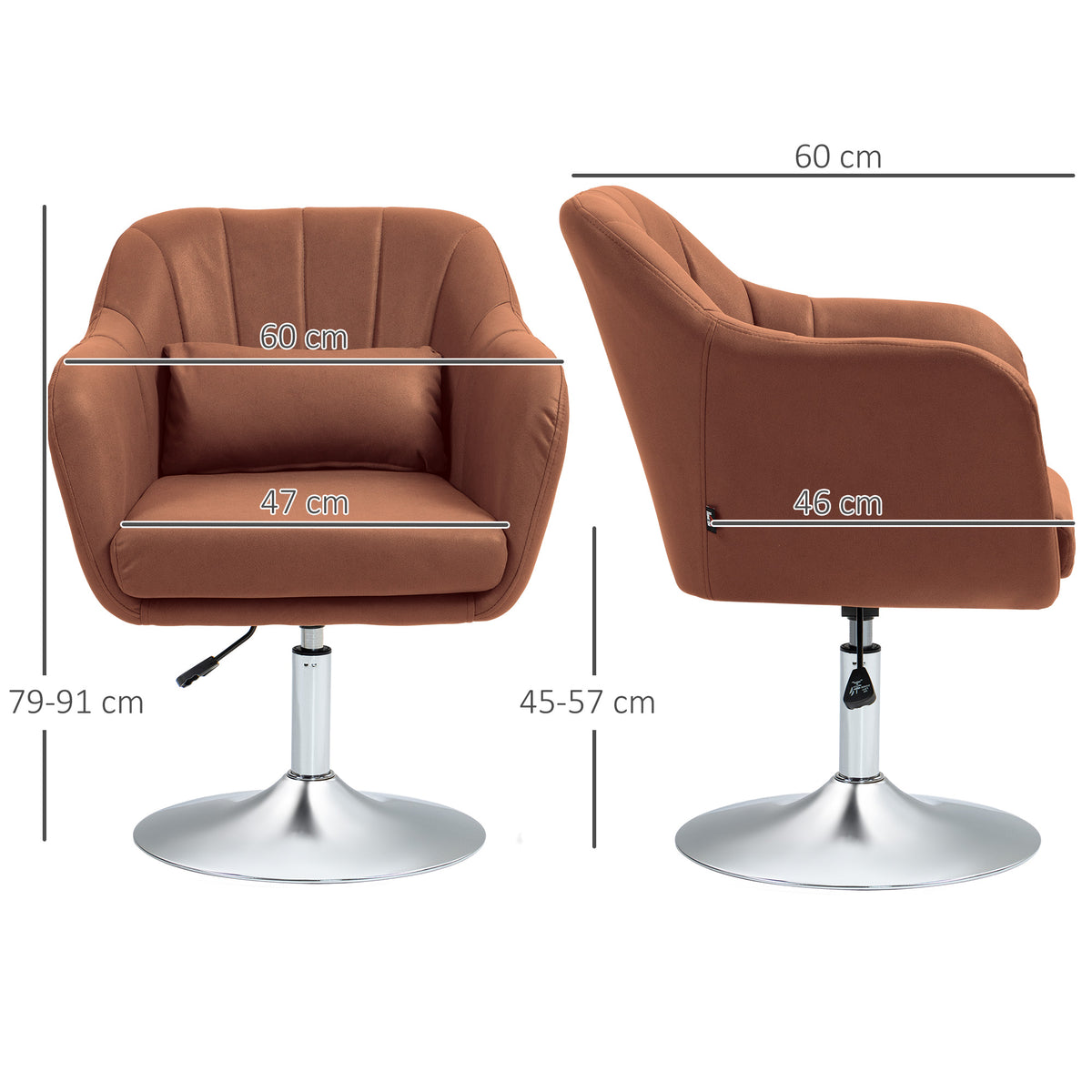 Fauteuil de salon coussins lombaires hauteur réglable pivotant 360° piètement en métal marron