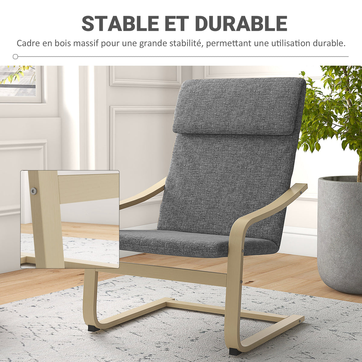 Fauteuil de salon, fauteuil chambre avec accoudoirs incurvés, coussin, tissu aspect lin, 65 x 79 x 98 cm, gris