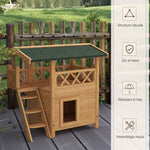 Cabane Chat Extérieur avec Terrasse, Escalier, Toit, Niche Villa, 77 x 50 x 73 cm Bois Naturel et Vert