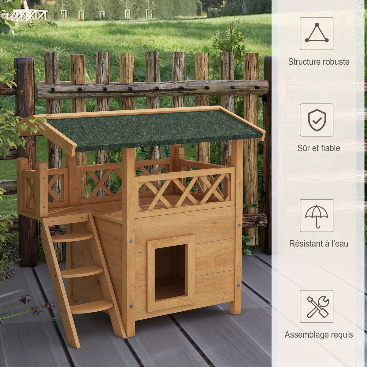 Cabane Chat Extérieur avec Terrasse, Escalier, Toit, Niche Villa, 77 x 50 x 73 cm Bois Naturel et Vert