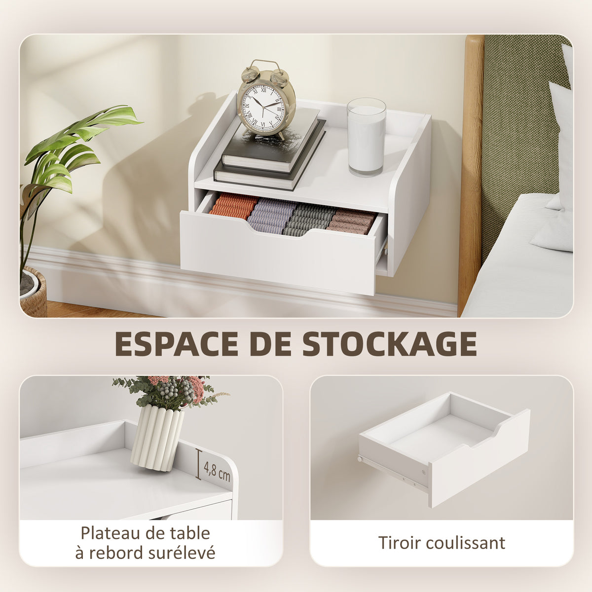 Lot de 2 tables de chevet murales tables de nuit suspendues tiroir plateau aspect bois dim. 40L x 30l x 19,5H cm