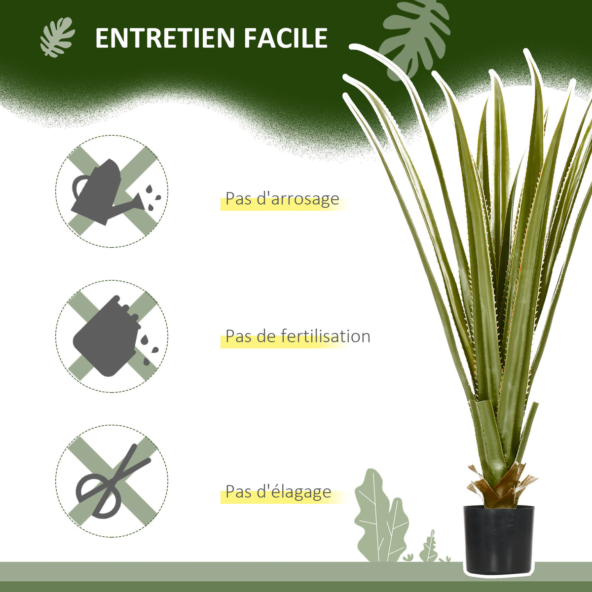 Plante artificielle type agave en pot hauteur 90 cm, 16 feuilles, interieur extérieur, grand réalisme