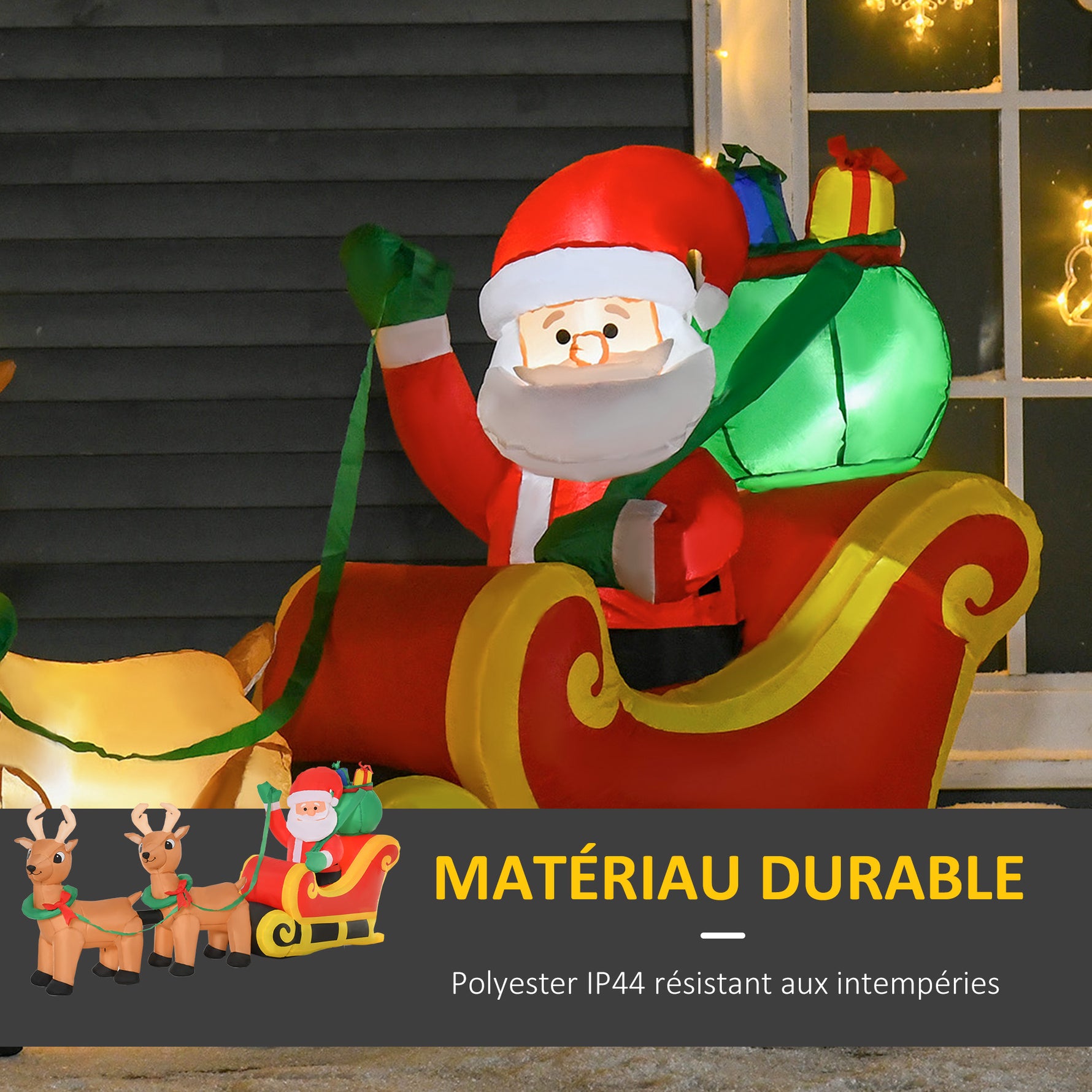 Père Noël Gonflable LED dim. 240L x 57l x 112H cm avec traîneau, Rennes, hotte 6 LED Polyester imperméable